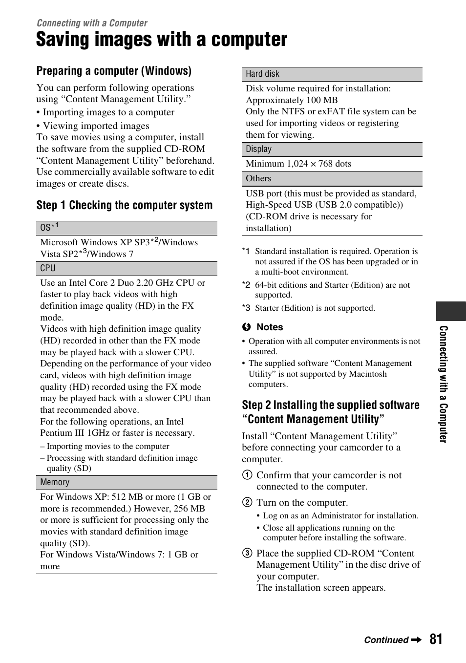 Connecting with a computer, Saving images with a computer, Connecting with a | Computer, E (1) (p. 81), Advance (p. 81), Preparing a computer (windows), Step 1 checking the computer system | Sony HDR-AX2000 User Manual | Page 81 / 132