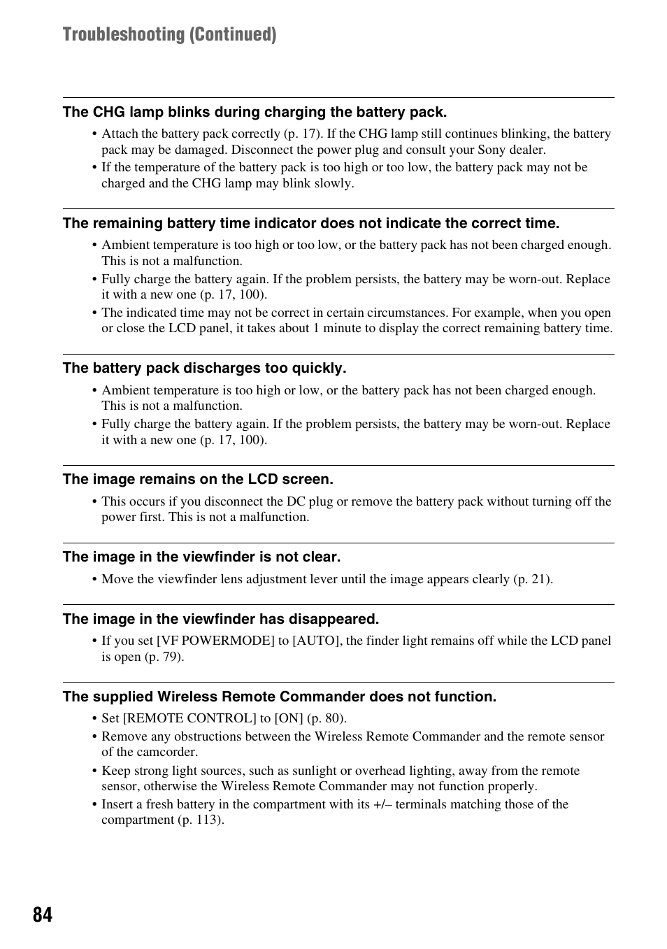 Troubleshooting (continued) | Sony HDR-AX2000 User Manual | Page 84 / 132