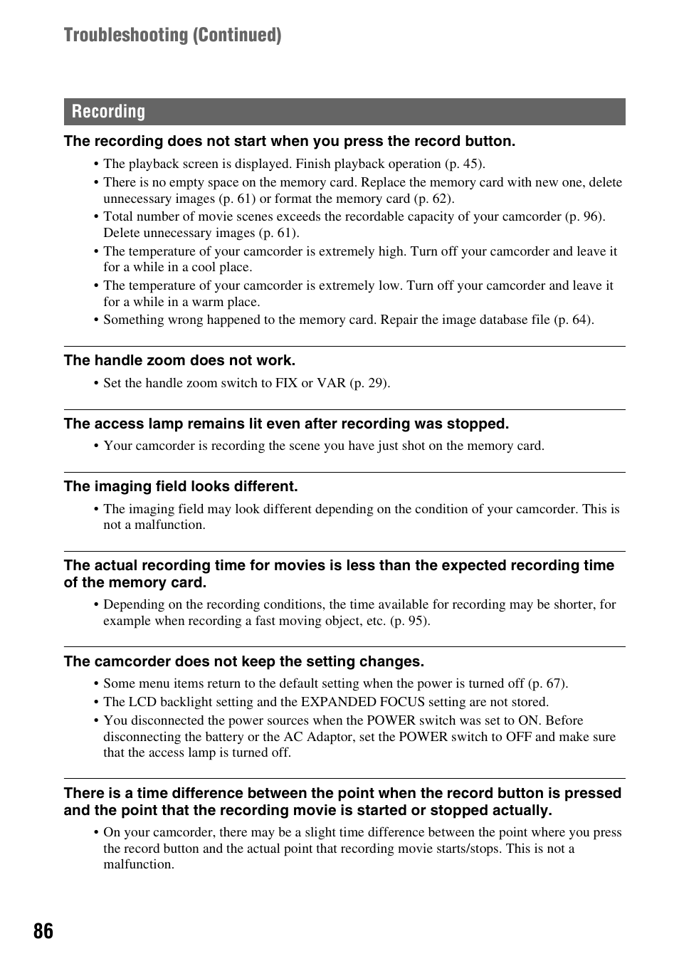 Recording, P. 86, Troubleshooting (continued) | Sony HDR-AX2000 User Manual | Page 86 / 132