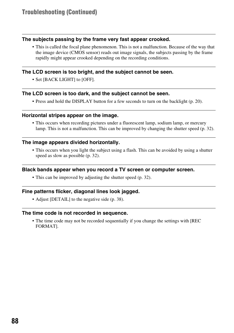 Troubleshooting (continued) | Sony HDR-AX2000 User Manual | Page 88 / 132