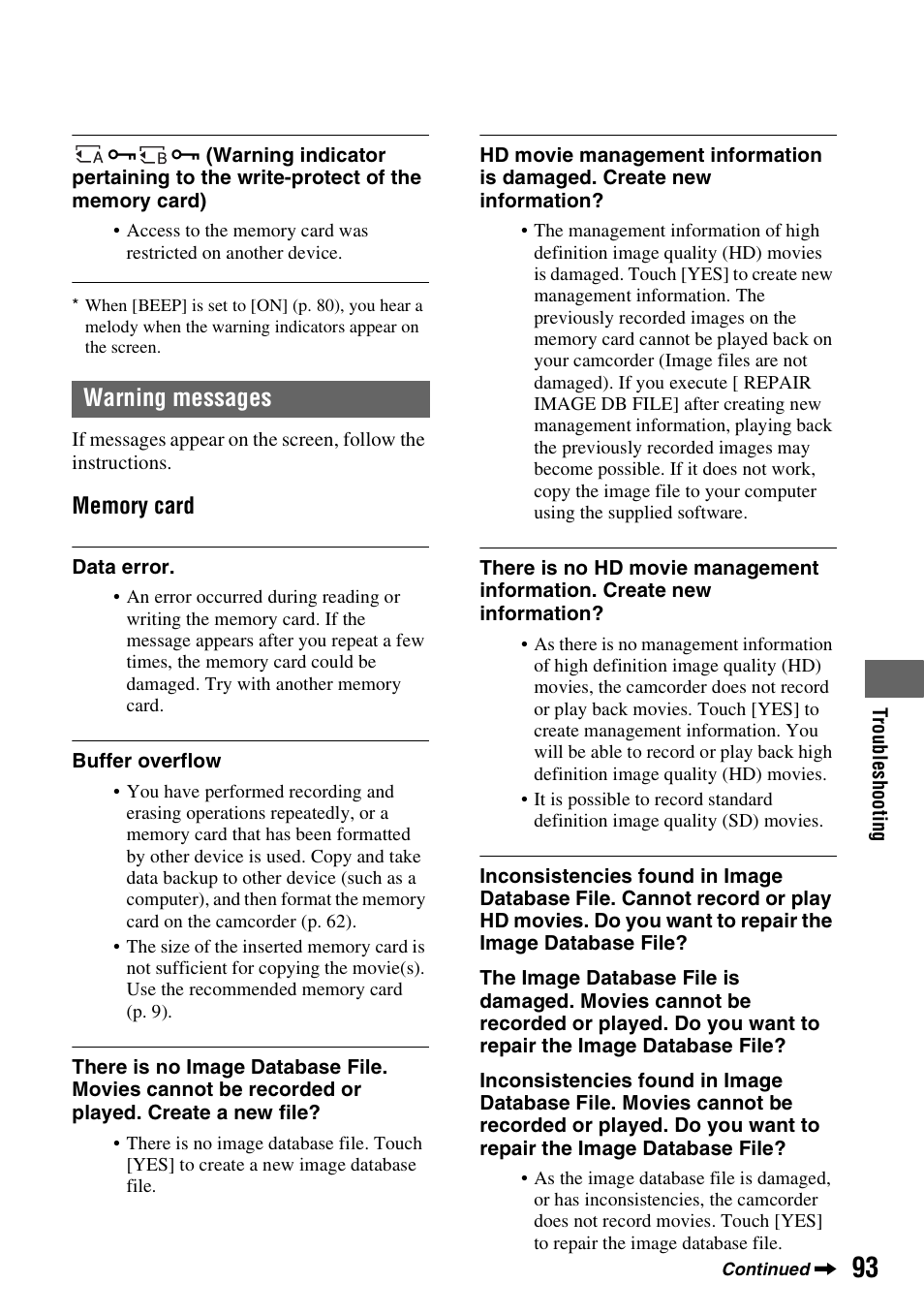 Warning messages | Sony HDR-AX2000 User Manual | Page 93 / 132