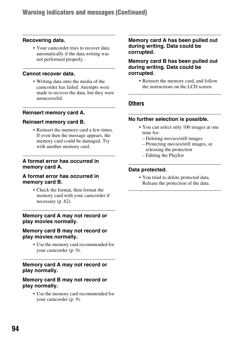 Warning indicators and messages (continued) | Sony HDR-AX2000 User Manual | Page 94 / 132
