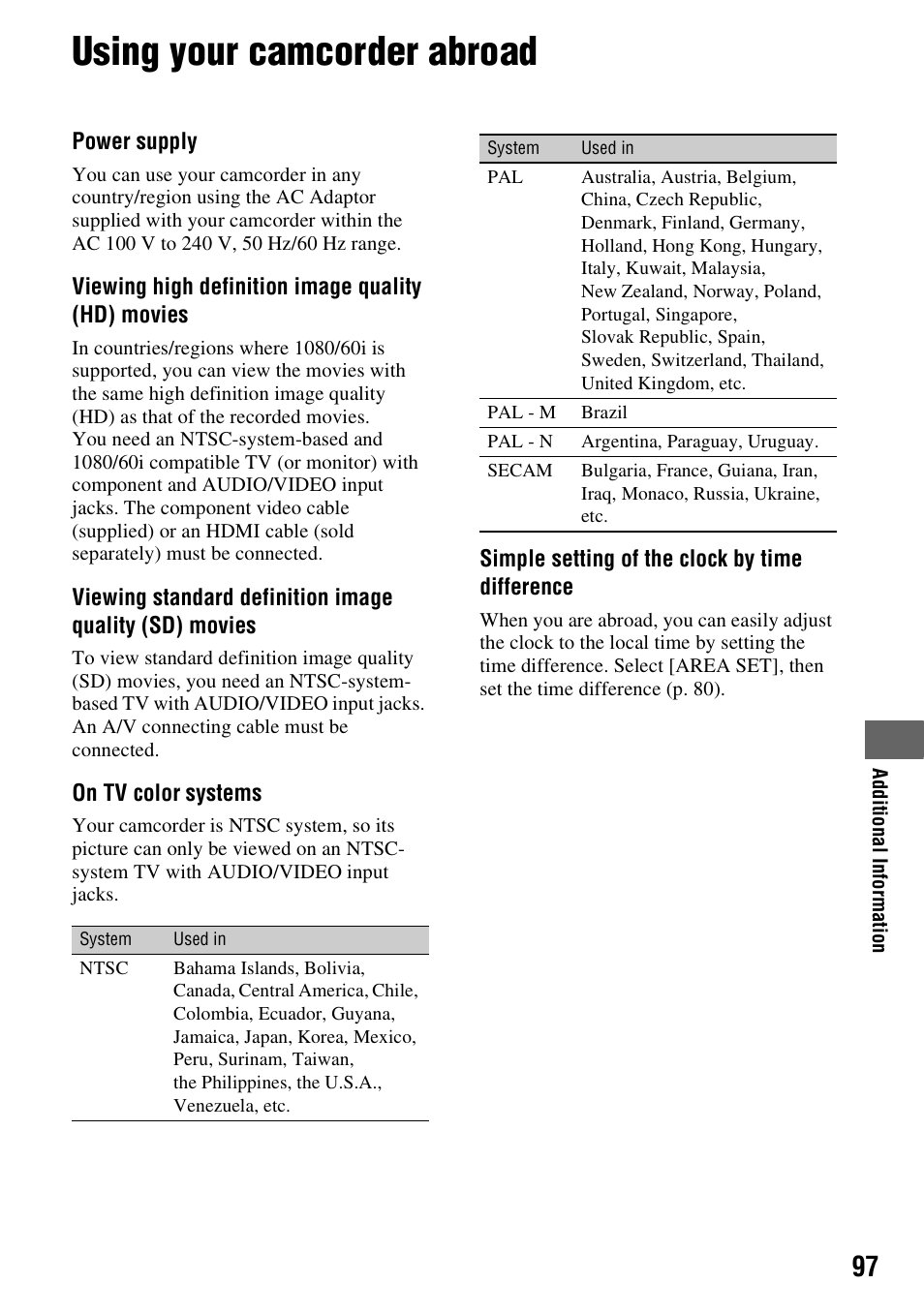 Using your camcorder abroad | Sony HDR-AX2000 User Manual | Page 97 / 132