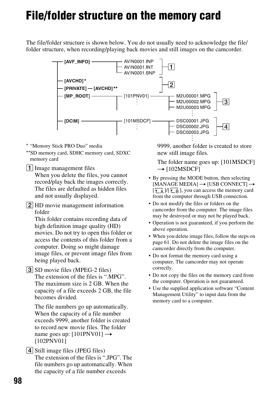 File/folder structure on the memory card, P. 98) | Sony HDR-AX2000 User Manual | Page 98 / 132