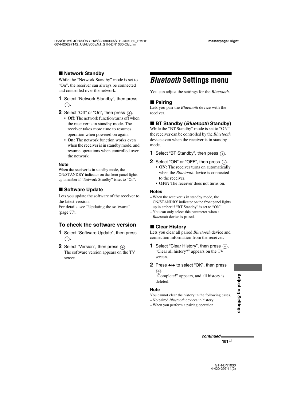 Bluetooth settings menu, Clear | Sony STR-DN1030 User Manual | Page 101 / 132