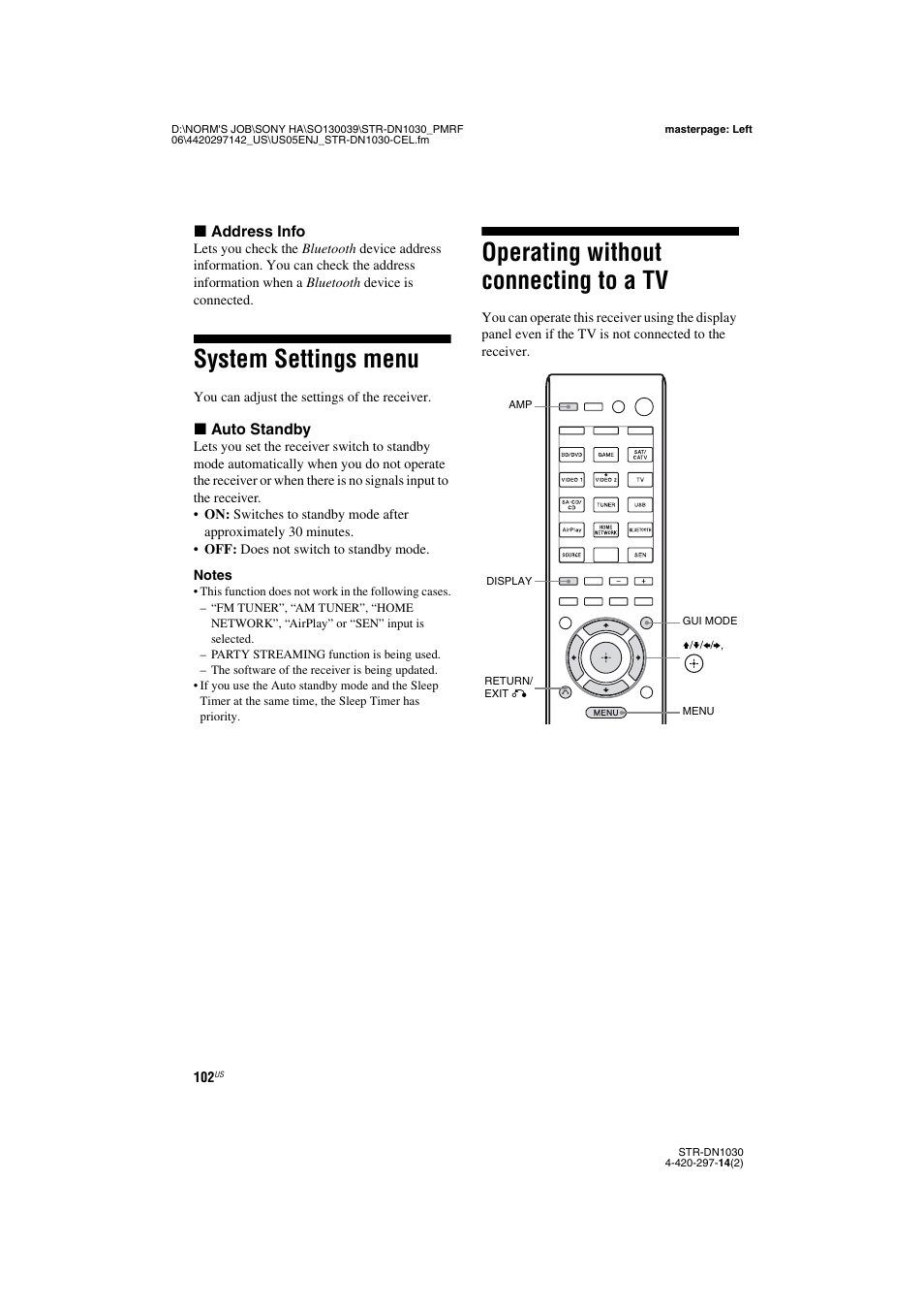 System settings menu, Operating without connecting to a tv | Sony STR-DN1030 User Manual | Page 102 / 132