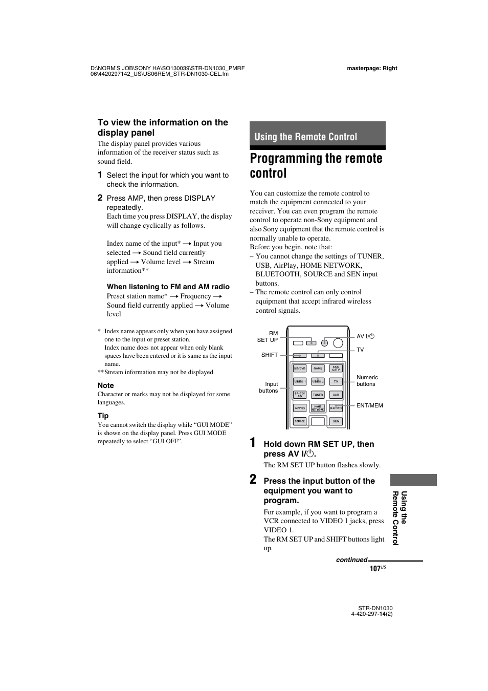 Using the remote control, Programming the remote control | Sony STR-DN1030 User Manual | Page 107 / 132