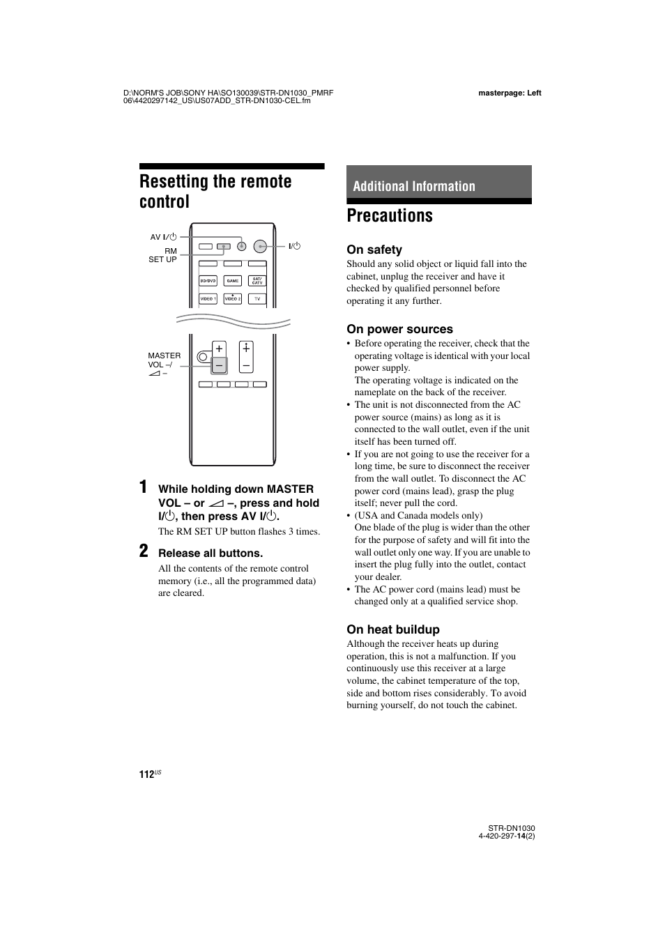 Resetting the remote control, Additional information, Precautions | Resetting the remote control 1 | Sony STR-DN1030 User Manual | Page 112 / 132