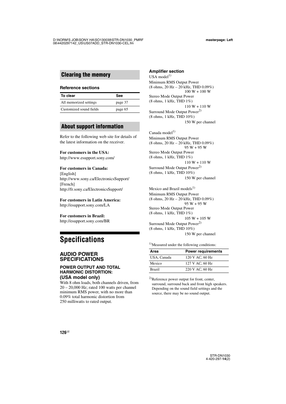 Specifications, About support information, Audio power specifications | Sony STR-DN1030 User Manual | Page 126 / 132
