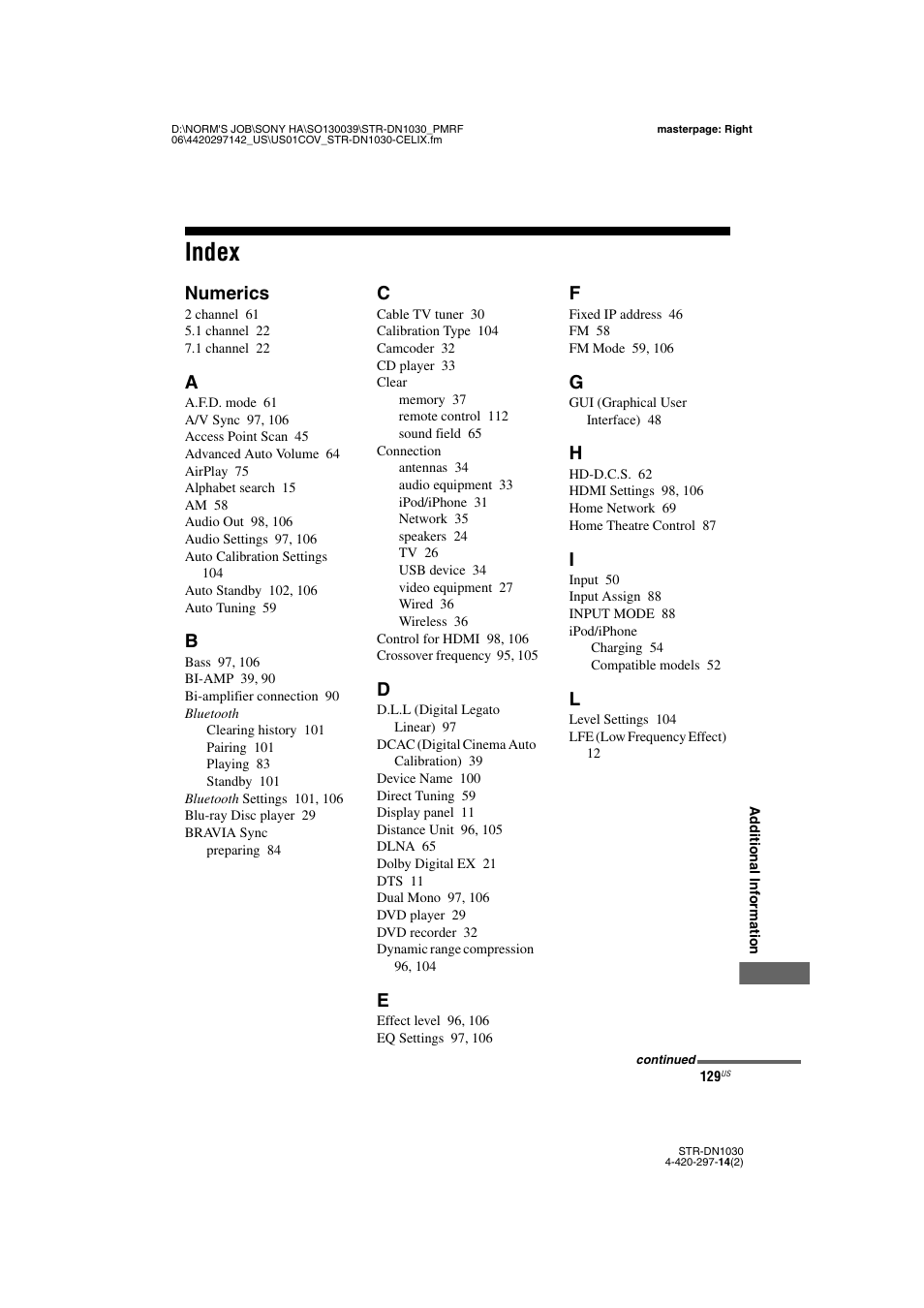 Index, Numerics | Sony STR-DN1030 User Manual | Page 129 / 132