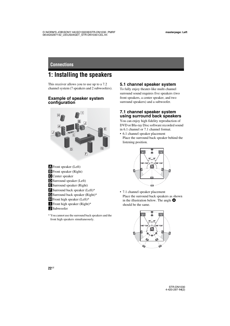 Connections, Installing the speakers, E 22, 24) | Sony STR-DN1030 User Manual | Page 22 / 132