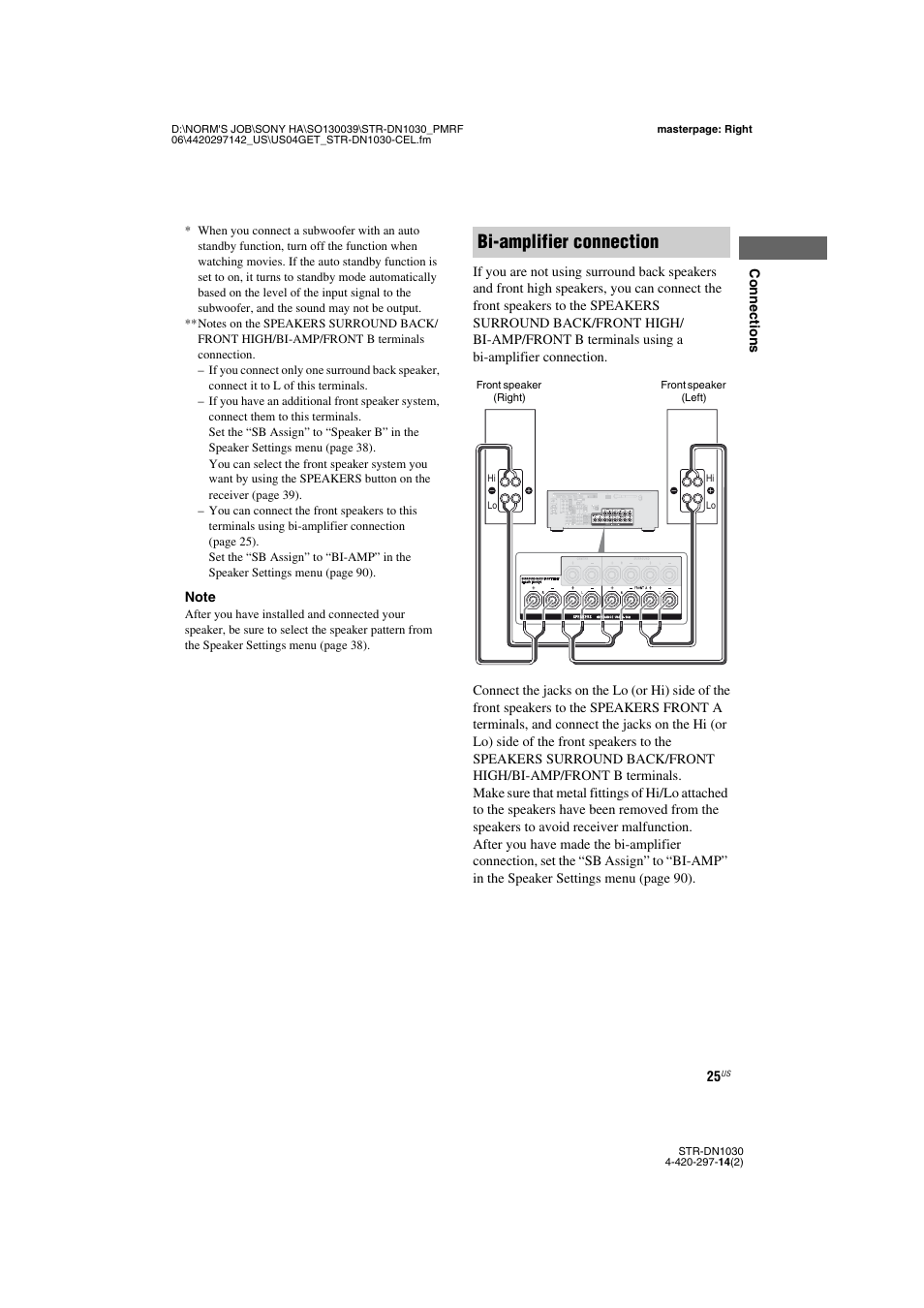 Bi-amplifier connection | Sony STR-DN1030 User Manual | Page 25 / 132