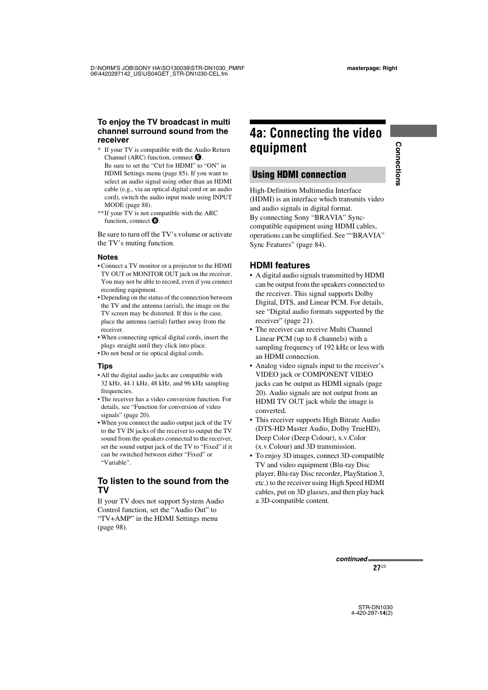 4a: connecting the video equipment, Using hdmi connection, Hdmi features | Sony STR-DN1030 User Manual | Page 27 / 132