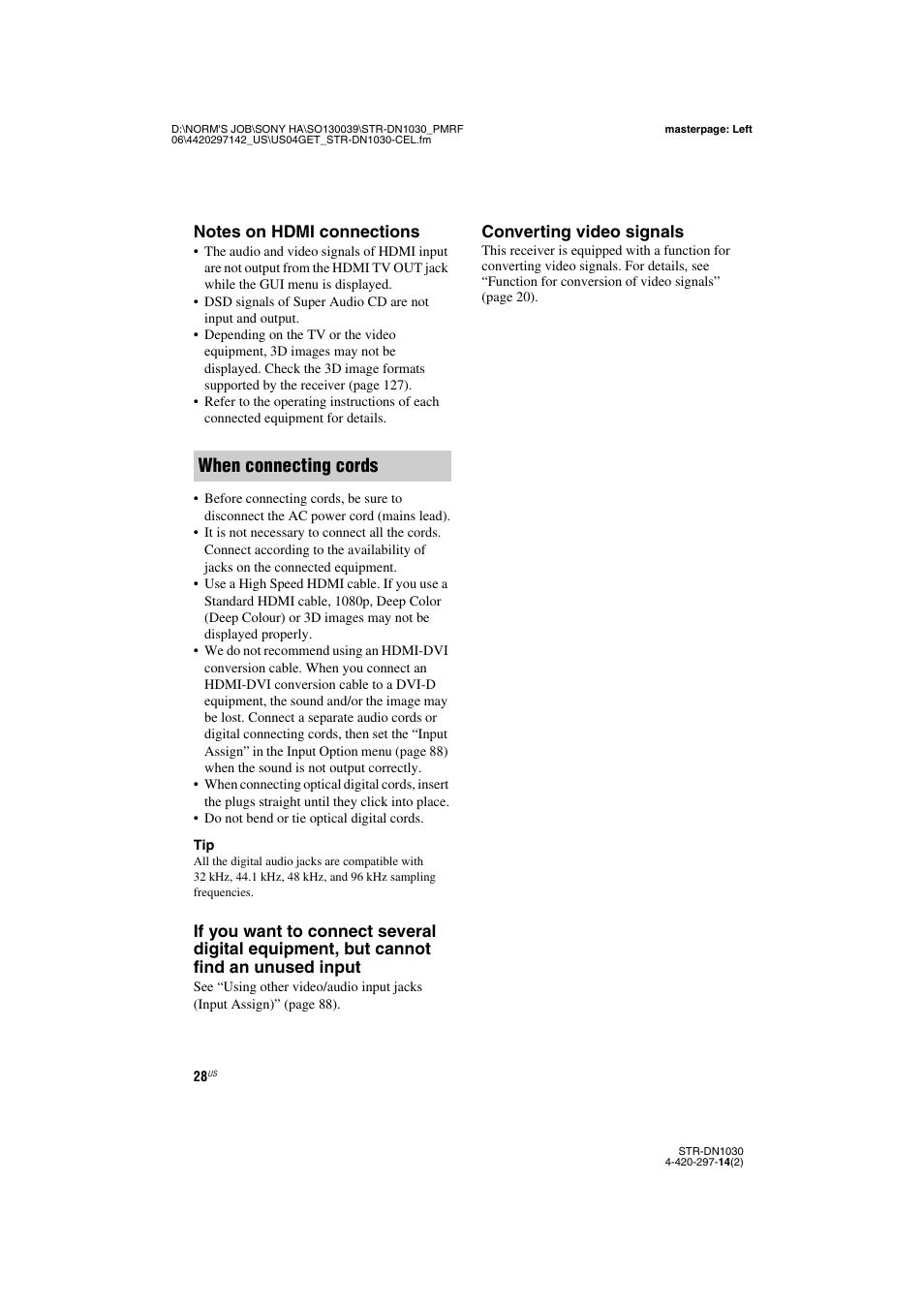 When connecting cords | Sony STR-DN1030 User Manual | Page 28 / 132