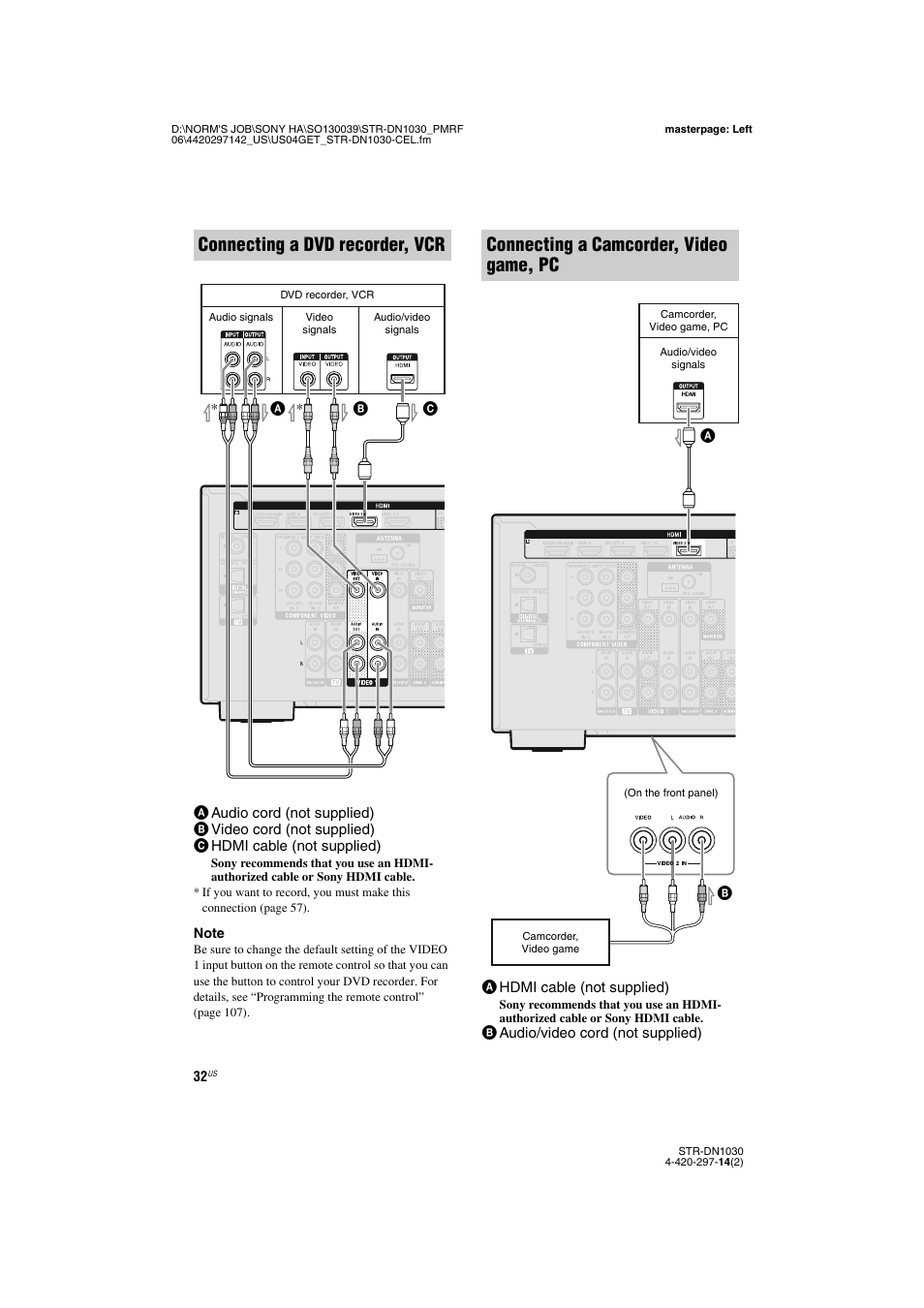 Connecting a dvd recorder, vcr, Connecting a camcorder, video game, pc | Sony STR-DN1030 User Manual | Page 32 / 132