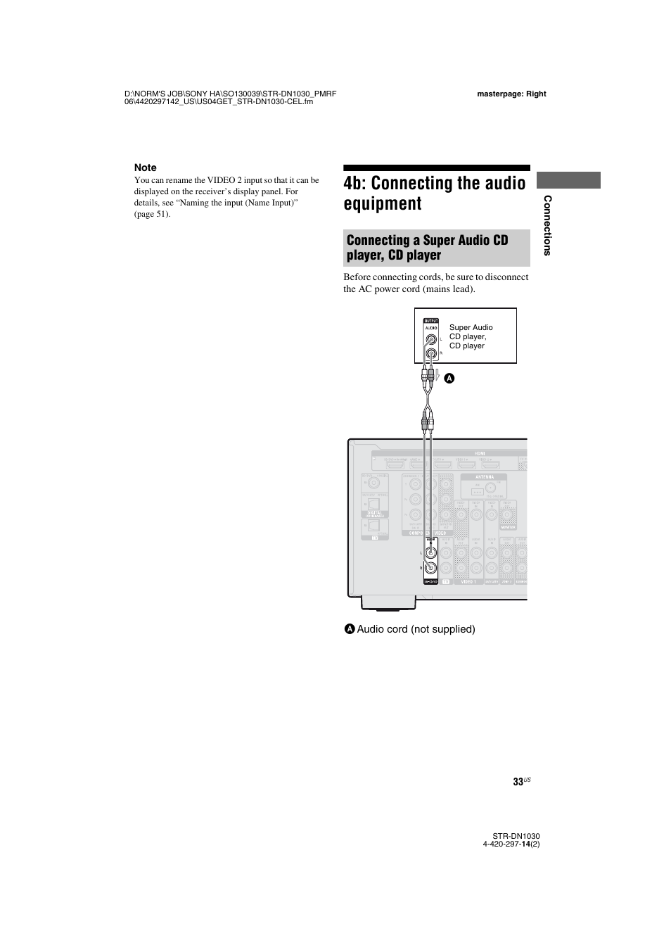 4b: connecting the audio equipment, Connecting a super audio cd player, cd player | Sony STR-DN1030 User Manual | Page 33 / 132