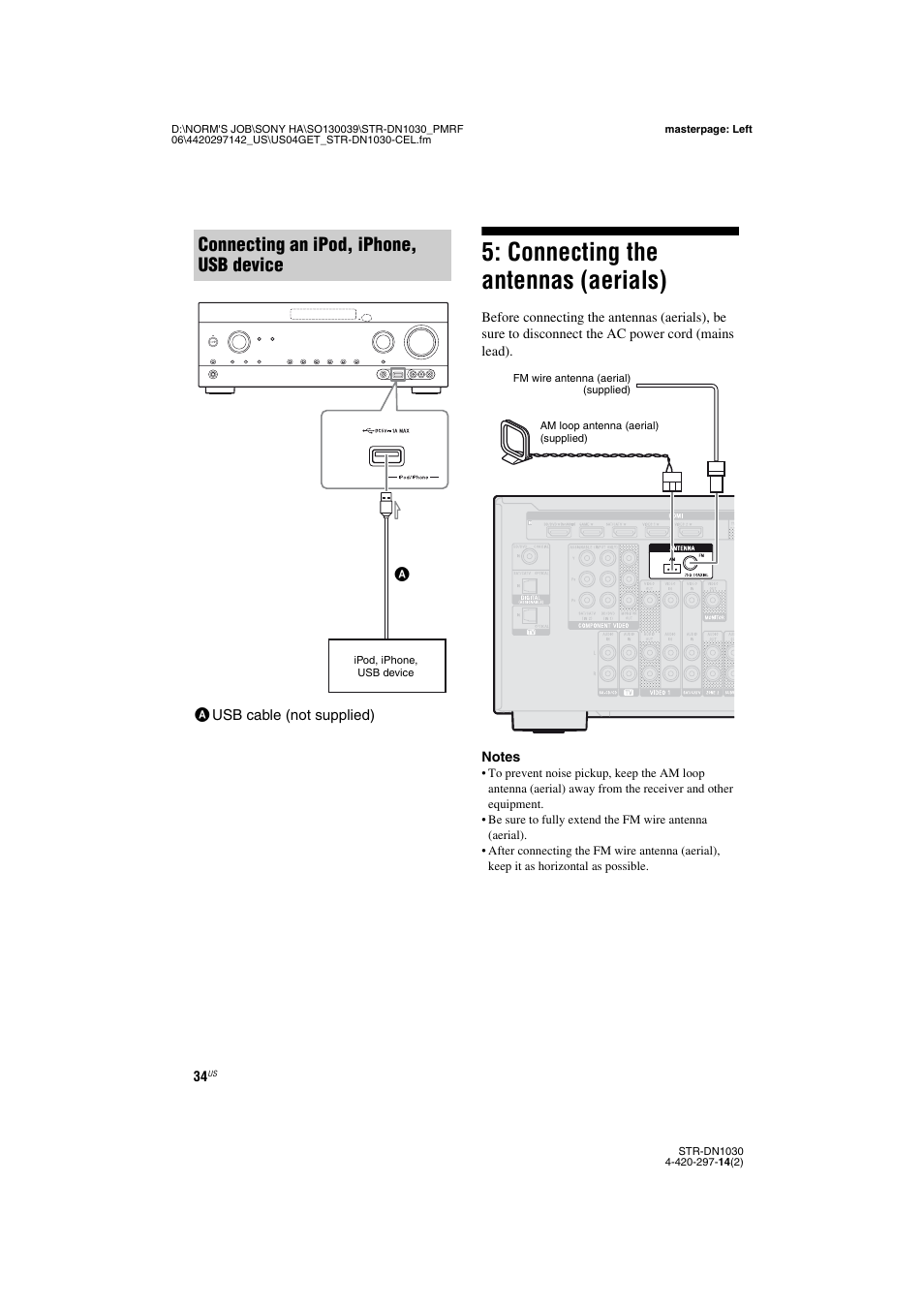 Connecting the antennas (aerials), Connecting an ipod, iphone, usb device | Sony STR-DN1030 User Manual | Page 34 / 132