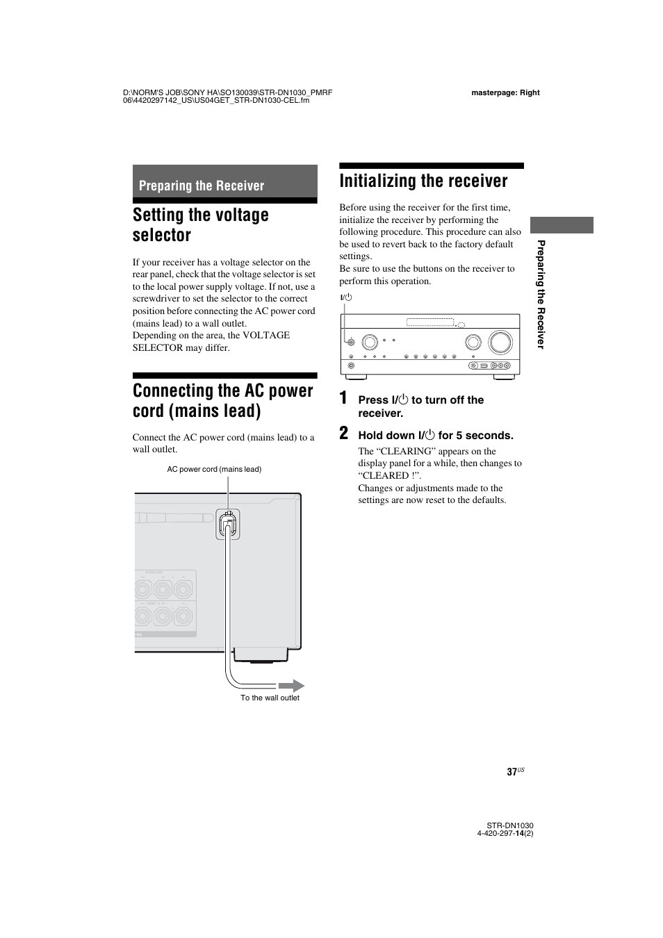 Preparing the receiver, Setting the voltage selector, Connecting the ac power cord (mains lead) | Initializing the receiver, Mains lead), Age 37, 59, 65) | Sony STR-DN1030 User Manual | Page 37 / 132