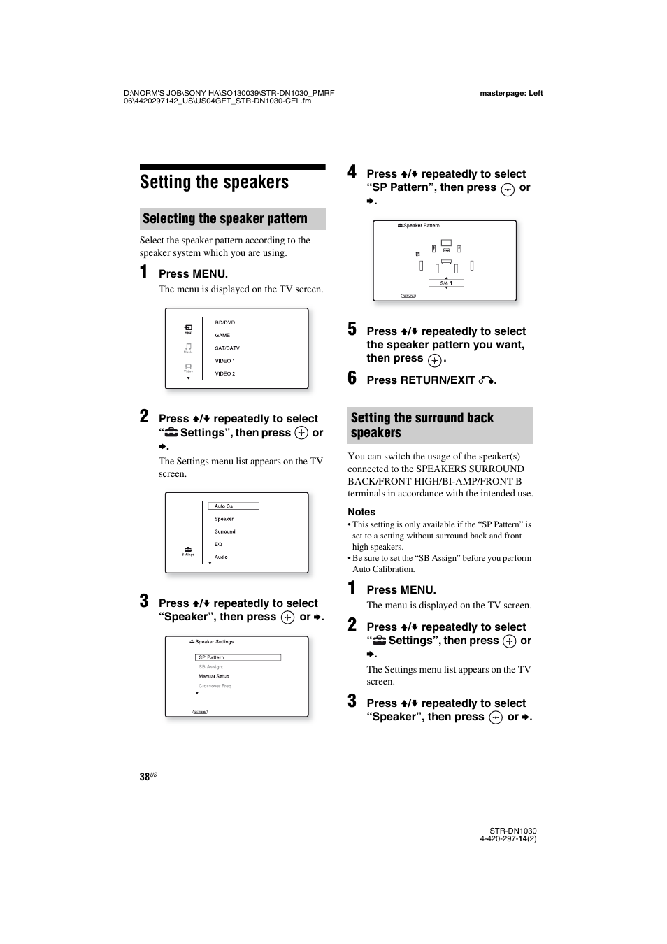 Setting the speakers | Sony STR-DN1030 User Manual | Page 38 / 132