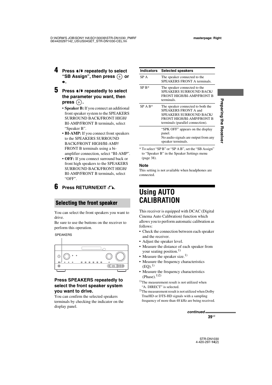Using auto calibration, Selecting the front speaker | Sony STR-DN1030 User Manual | Page 39 / 132
