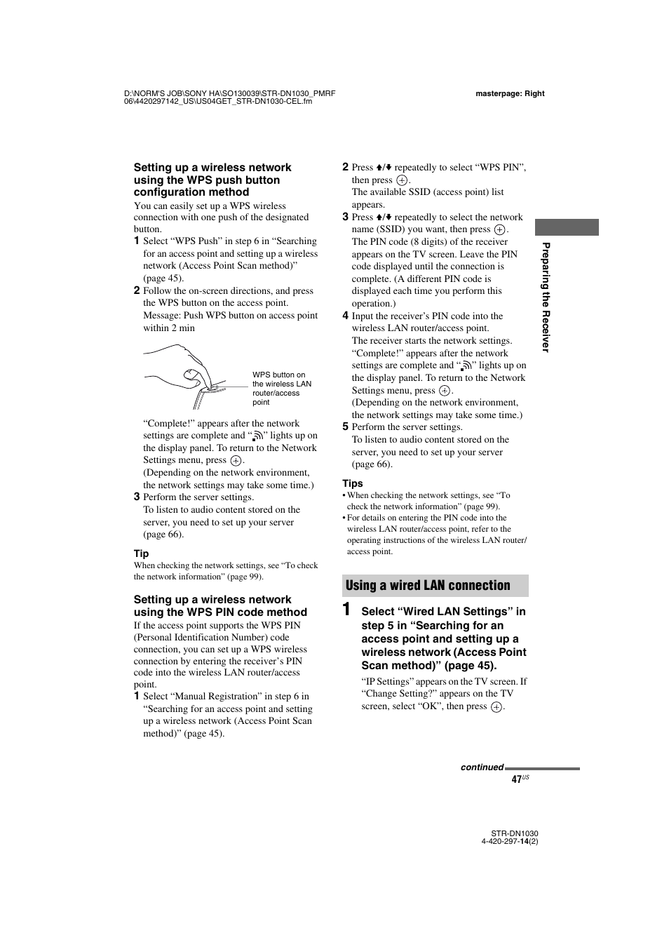 Using a wired lan connection | Sony STR-DN1030 User Manual | Page 47 / 132