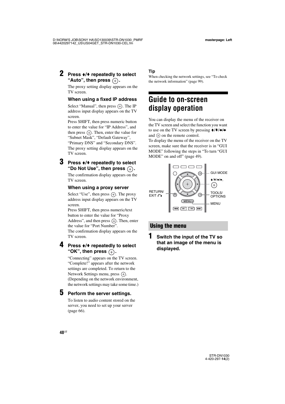 Guide to on-screen display operation, Using the menu | Sony STR-DN1030 User Manual | Page 48 / 132