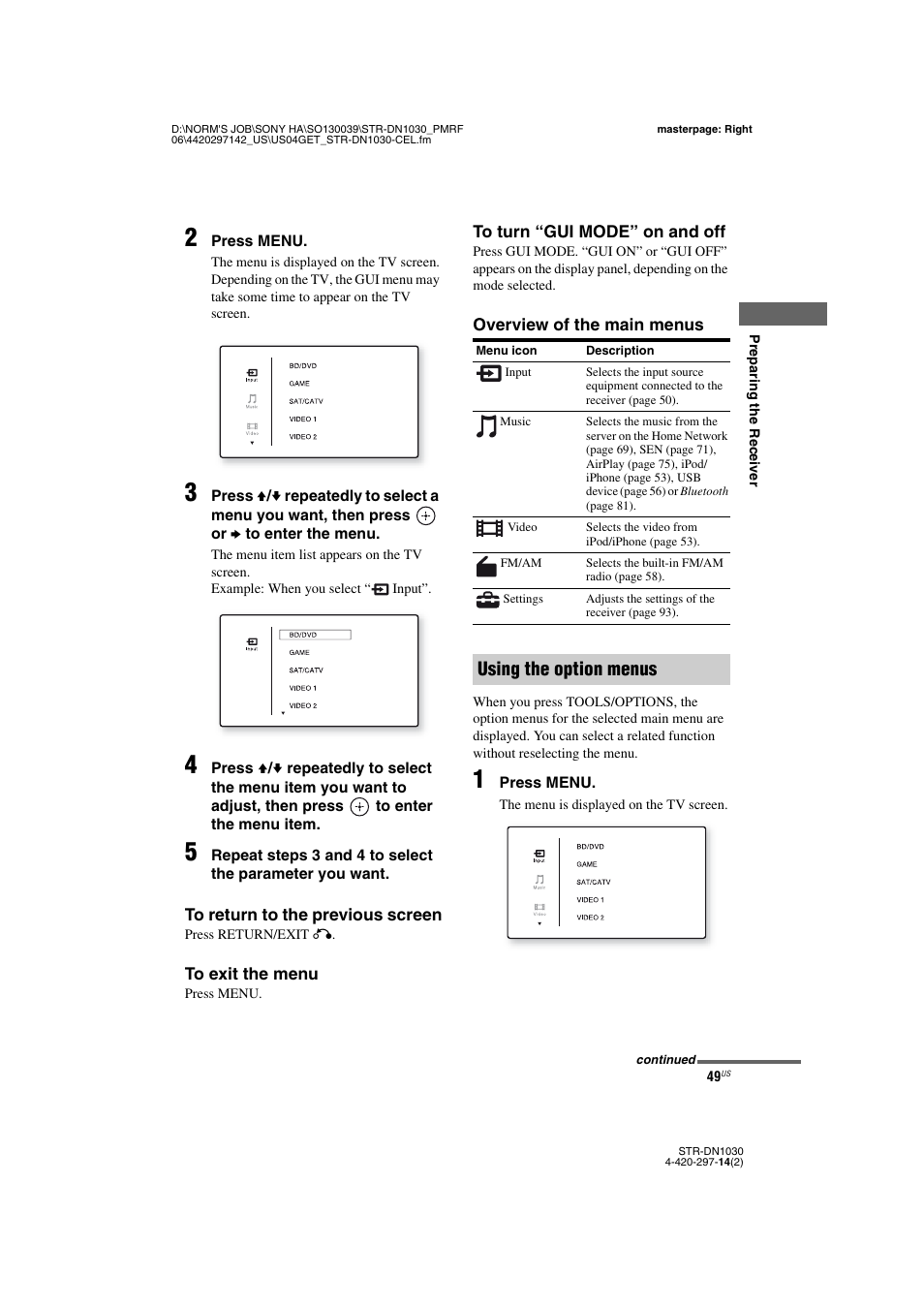 Using the option menus | Sony STR-DN1030 User Manual | Page 49 / 132