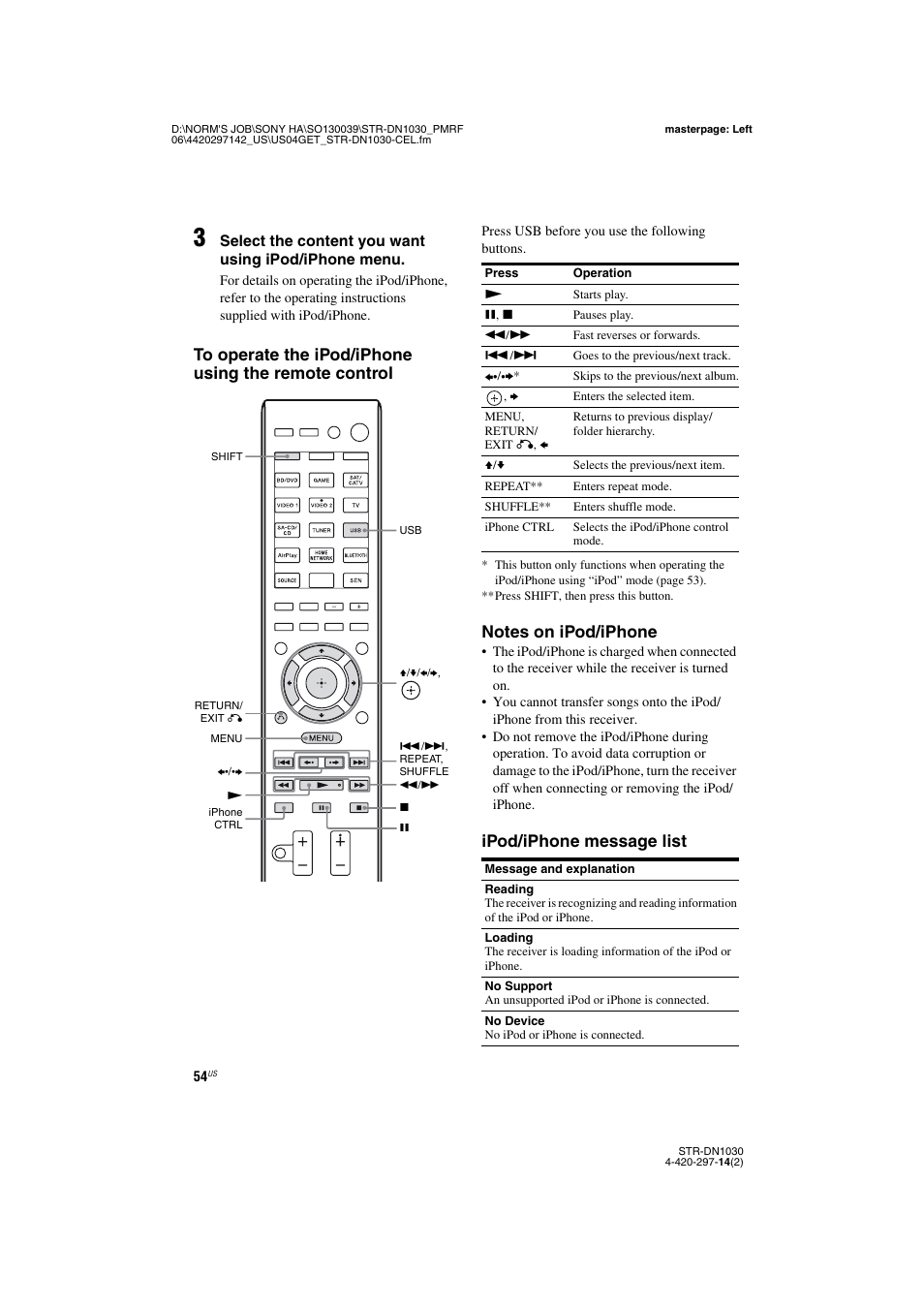Ipod/iphone message list | Sony STR-DN1030 User Manual | Page 54 / 132