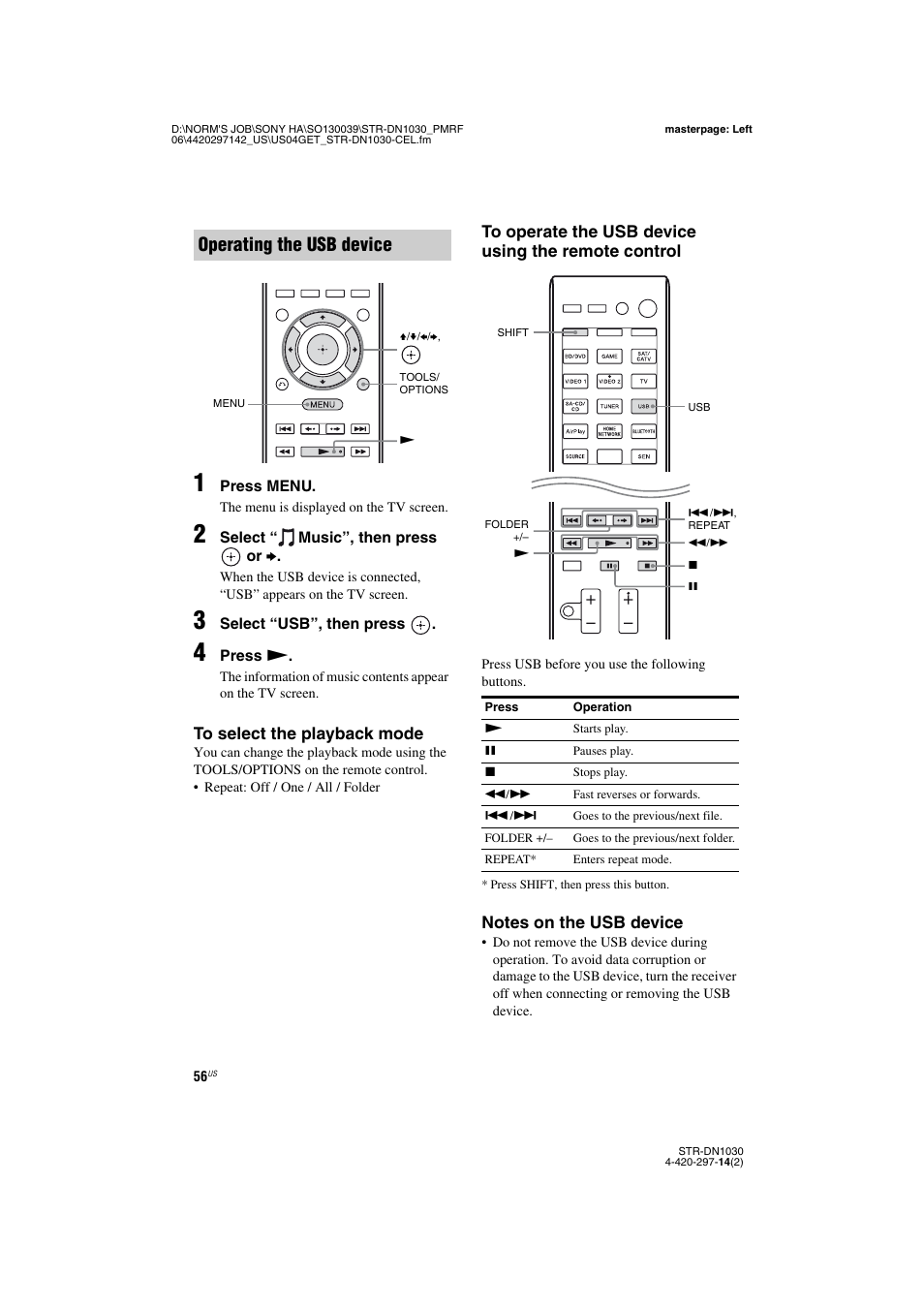 Operating the usb device | Sony STR-DN1030 User Manual | Page 56 / 132