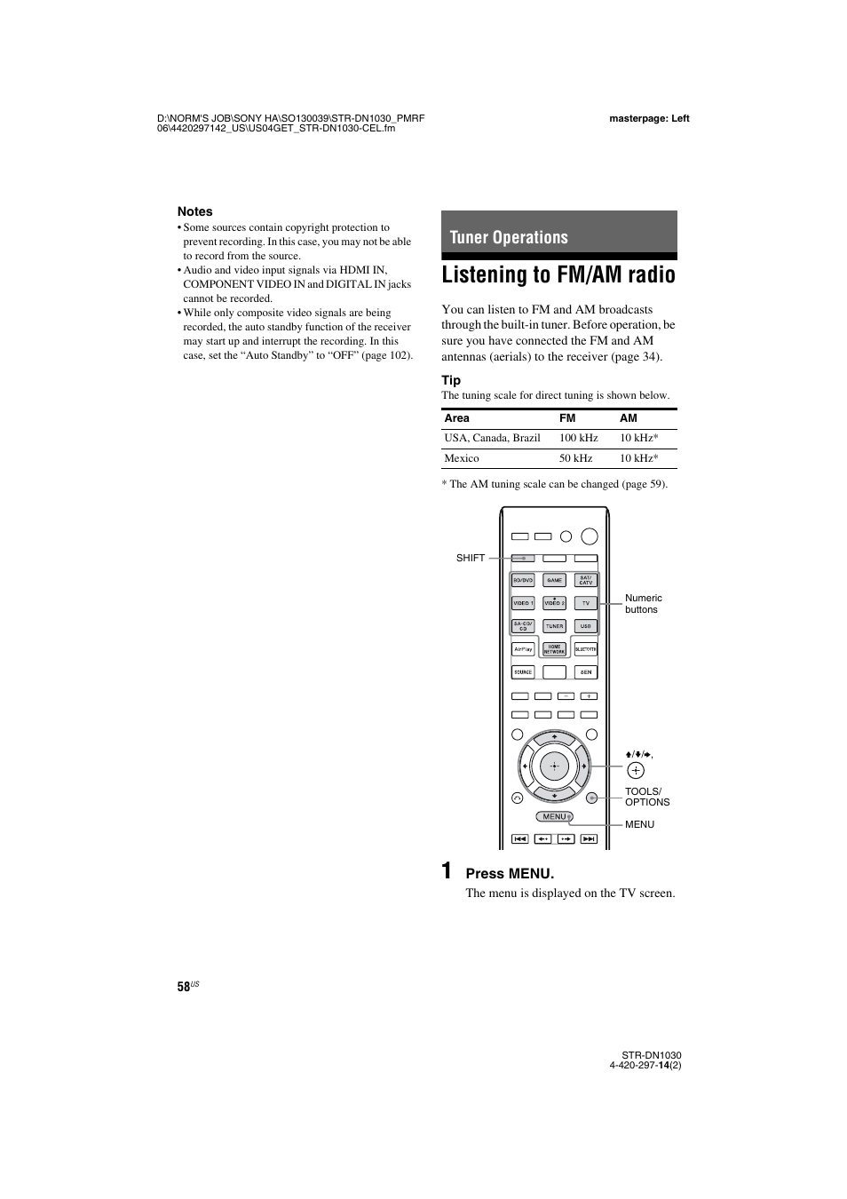 Tuner operations, Listening to fm/am radio | Sony STR-DN1030 User Manual | Page 58 / 132