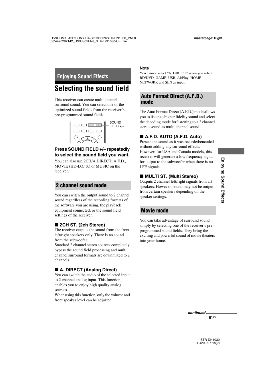 Enjoying sound effects, Selecting the sound field, Age 61 | Enjoying sound effects 2 channel sound mode, Auto format direct (a.f.d.) mode movie mode | Sony STR-DN1030 User Manual | Page 61 / 132