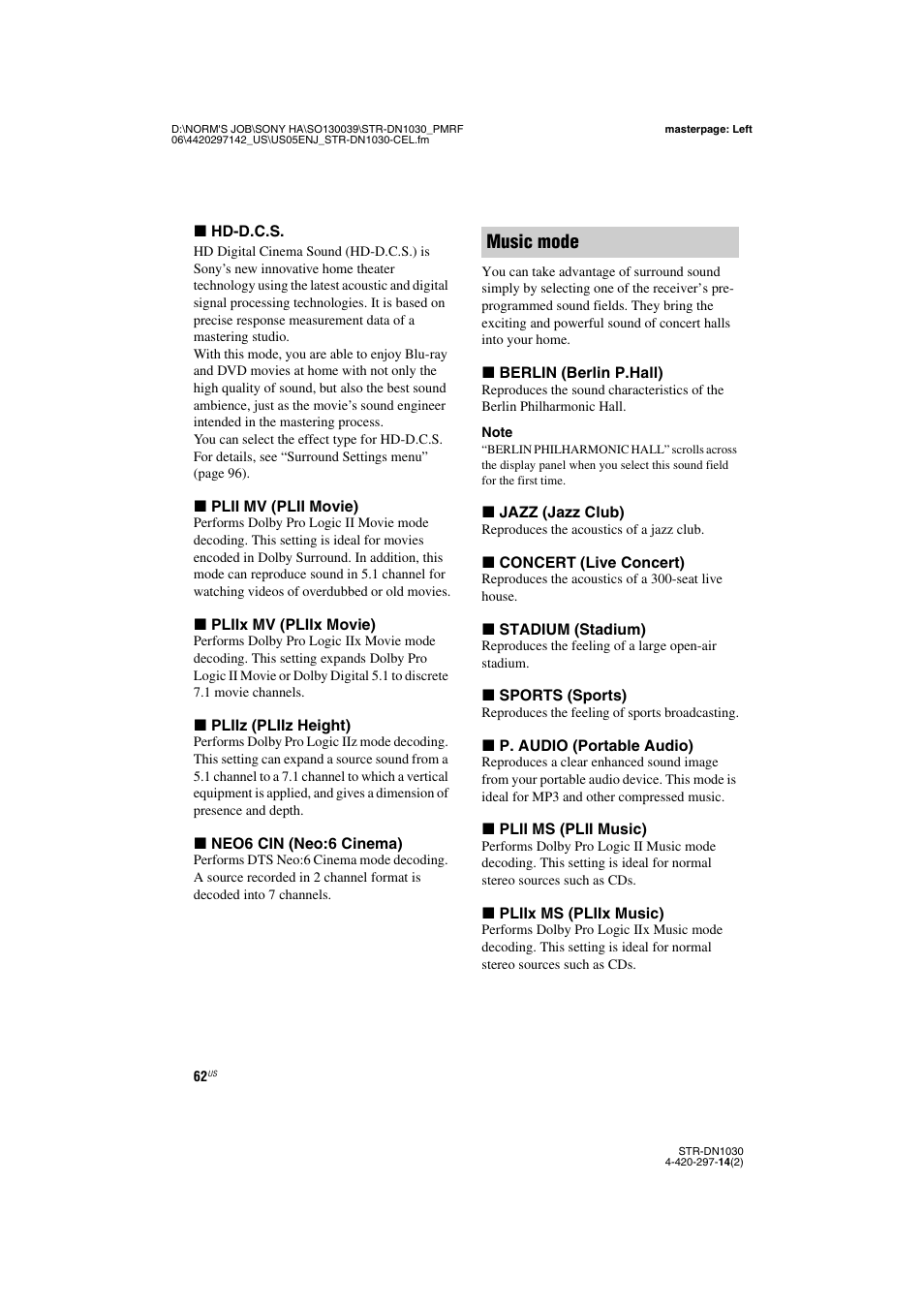 E 62, Music mode | Sony STR-DN1030 User Manual | Page 62 / 132