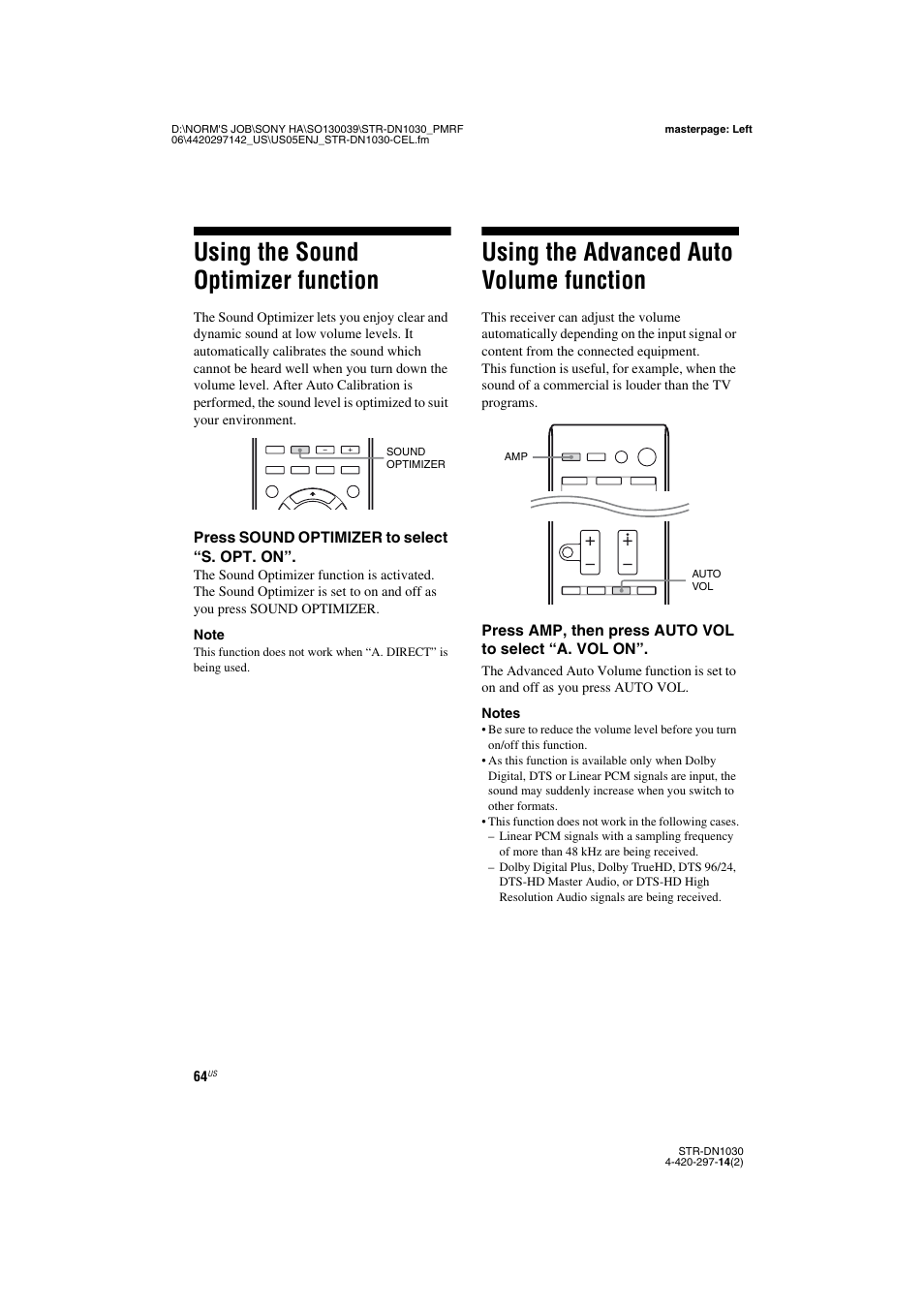 Using the sound optimizer function, Using the advanced auto volume function, Function | Sony STR-DN1030 User Manual | Page 64 / 132