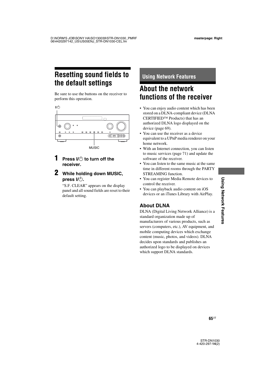 Resetting sound fields to the default settings, Using network features, About the network functions of the receiver | Resetting sound fields to the default, Settings, About the network functions of the, Receiver | Sony STR-DN1030 User Manual | Page 65 / 132