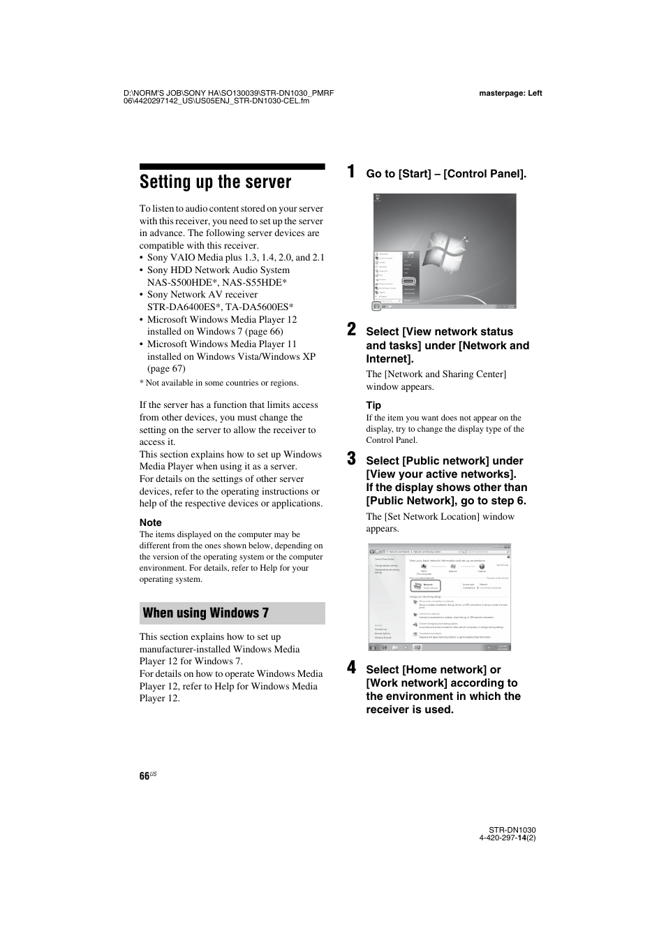 Setting up the server, When using windows 7 | Sony STR-DN1030 User Manual | Page 66 / 132