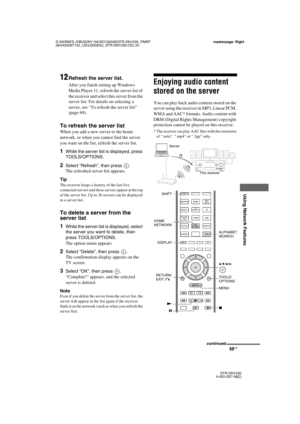 Enjoying audio content stored on the server, Enjoying audio content stored on the, Server | Sony STR-DN1030 User Manual | Page 69 / 132