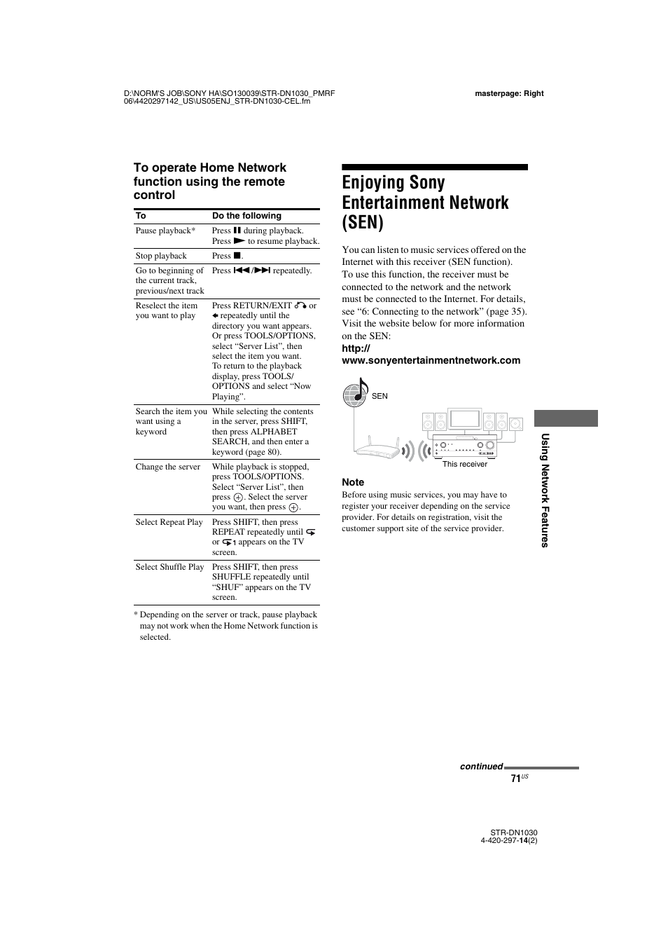 Enjoying sony entertainment network (sen), Enjoying sony entertainment network, Sen) | Sony STR-DN1030 User Manual | Page 71 / 132