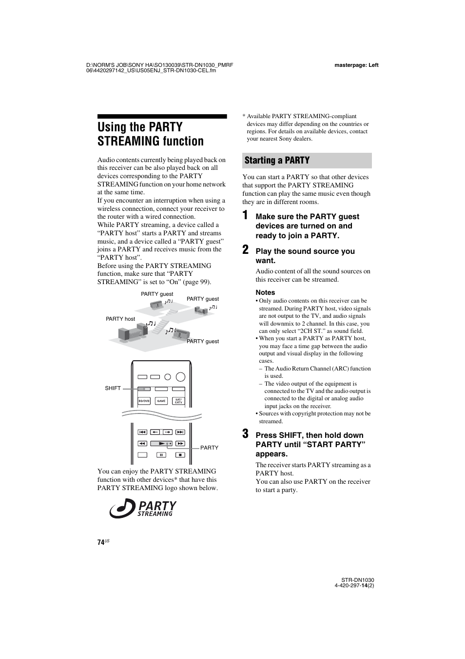 Using the party streaming function, Using the party streaming, Function | Starting a party | Sony STR-DN1030 User Manual | Page 74 / 132