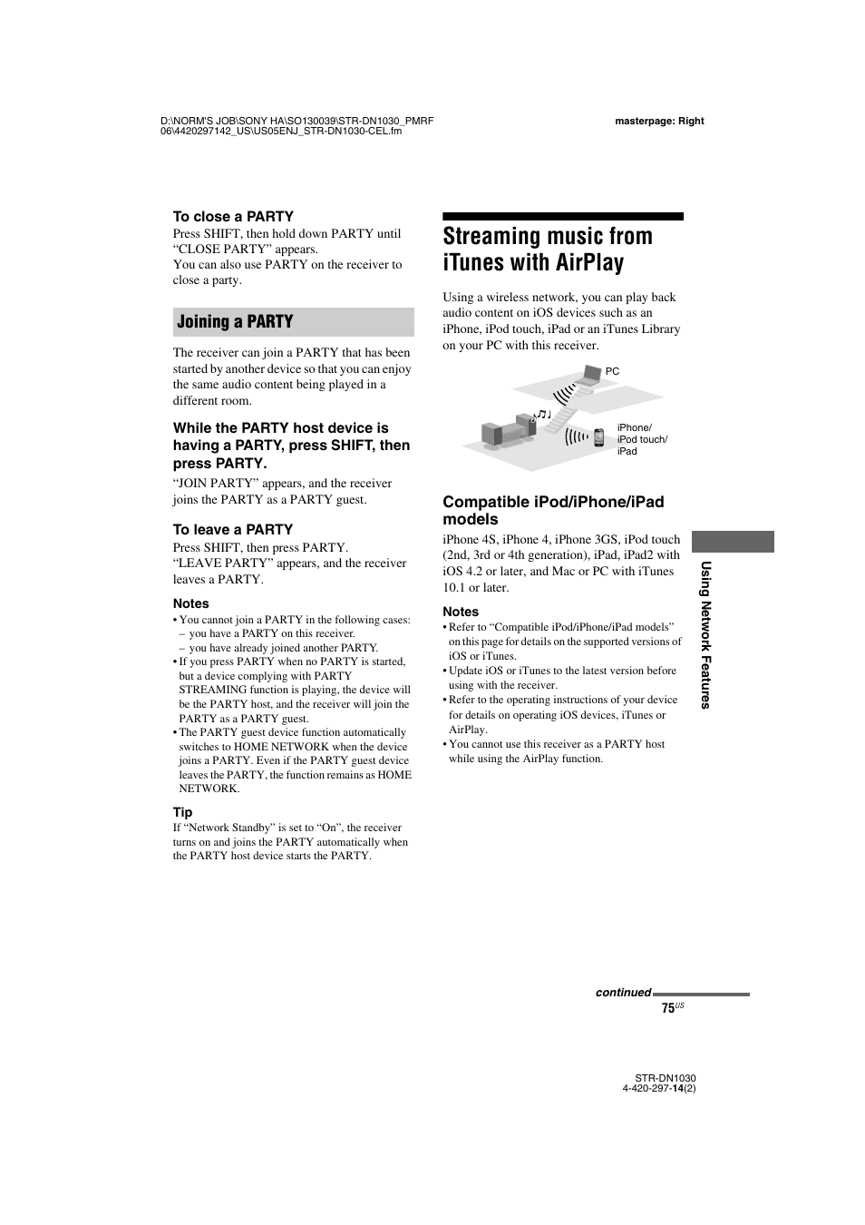 Streaming music from itunes with airplay, Streaming music from itunes with, Airplay | Joining a party | Sony STR-DN1030 User Manual | Page 75 / 132