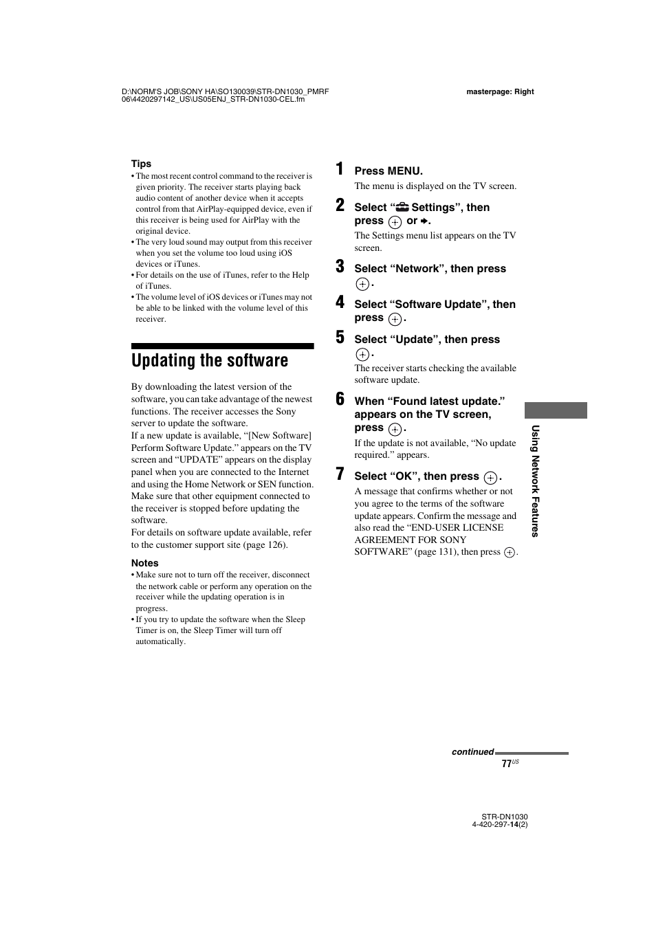 Updating the software | Sony STR-DN1030 User Manual | Page 77 / 132