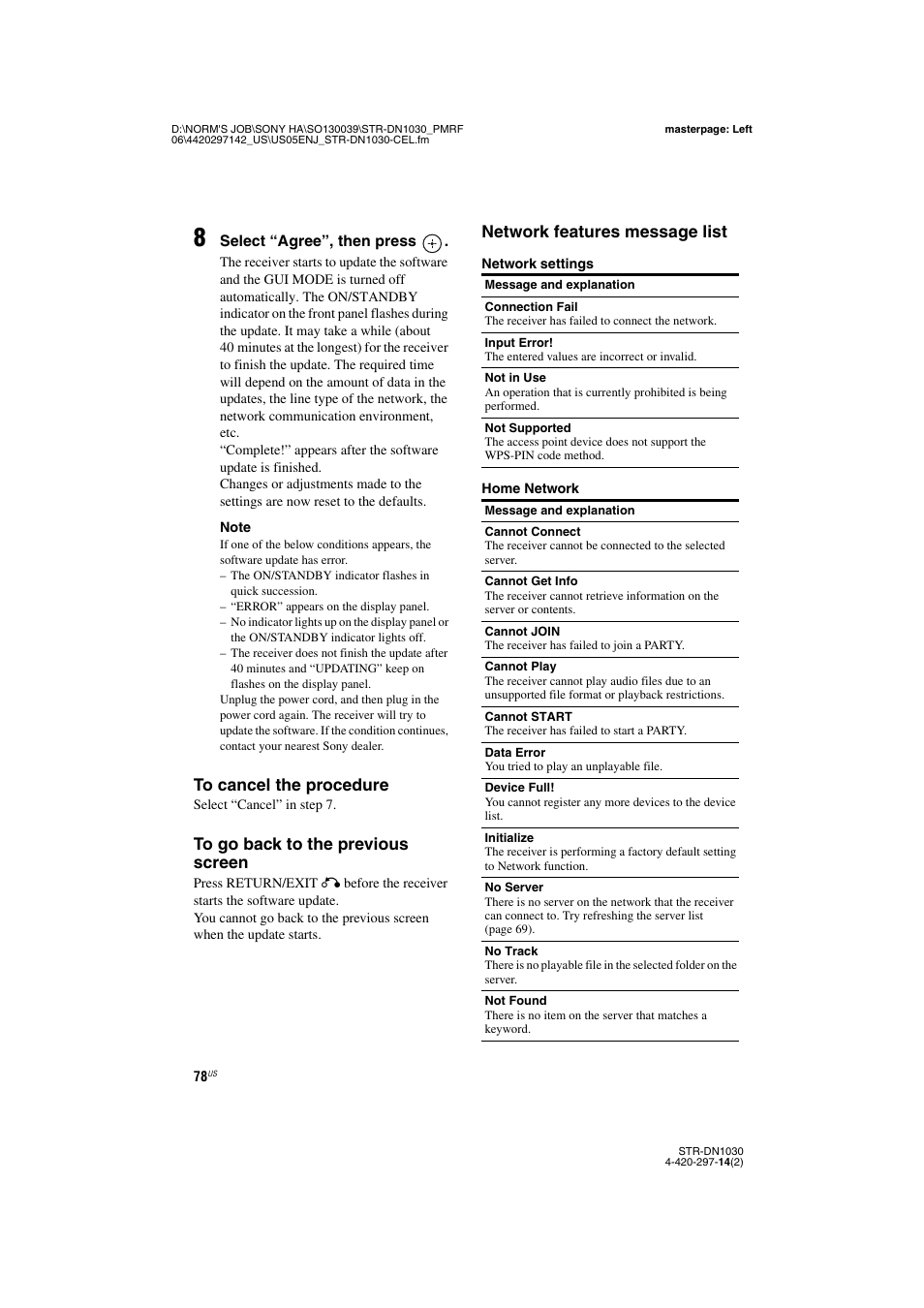 Network features message list | Sony STR-DN1030 User Manual | Page 78 / 132