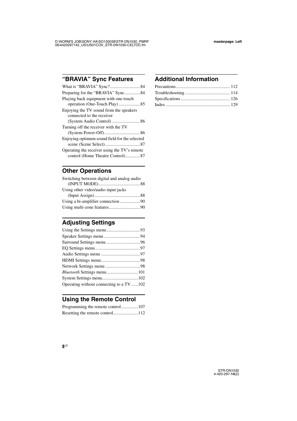 Bravia” sync features, Other operations, Adjusting settings | Using the remote control, Additional information | Sony STR-DN1030 User Manual | Page 8 / 132