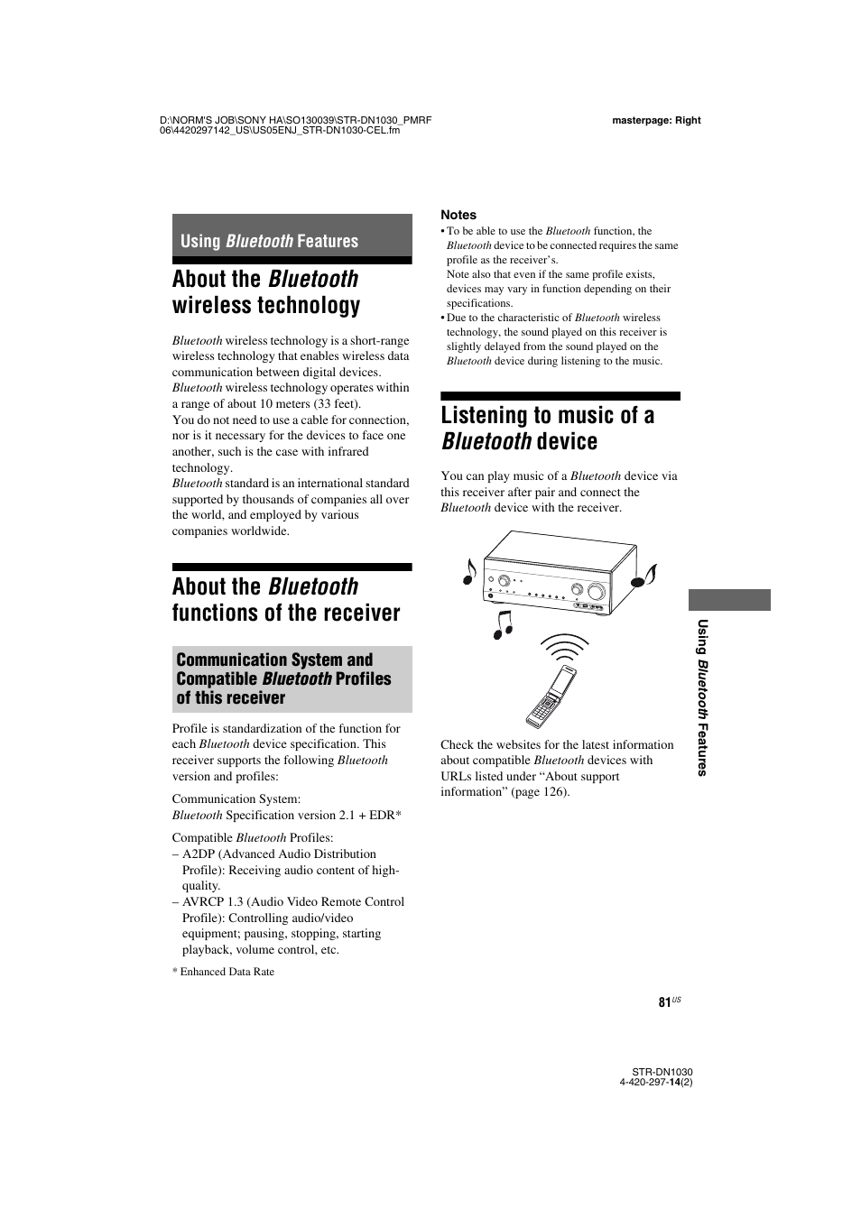 Using bluetooth features, About the bluetooth wireless technology, About the bluetooth functions of the receiver | Listening to music of a bluetooth device, Receiver | Sony STR-DN1030 User Manual | Page 81 / 132