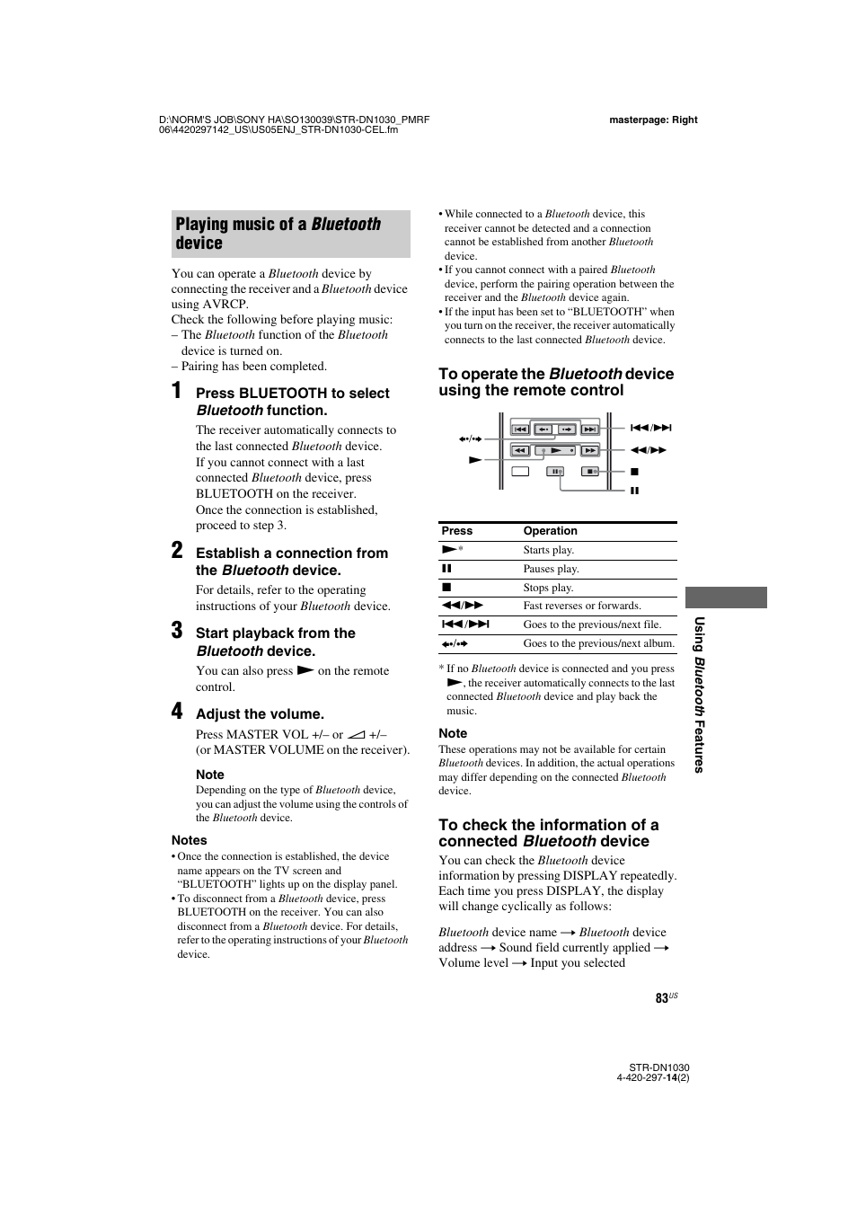 Playing music of a bluetooth device | Sony STR-DN1030 User Manual | Page 83 / 132