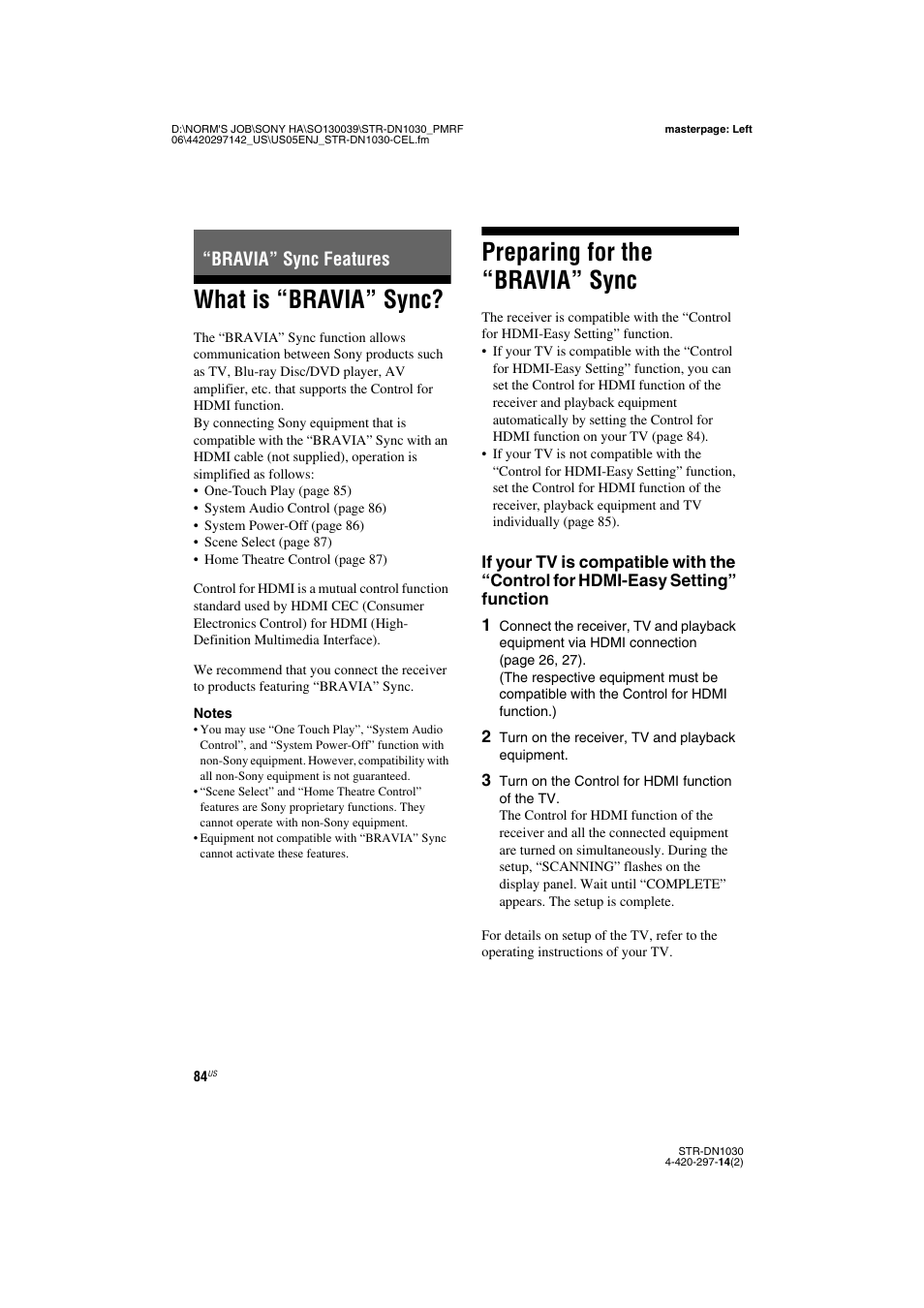 Bravia” sync features, What is “bravia” sync, Preparing for the “bravia” sync | Sony STR-DN1030 User Manual | Page 84 / 132