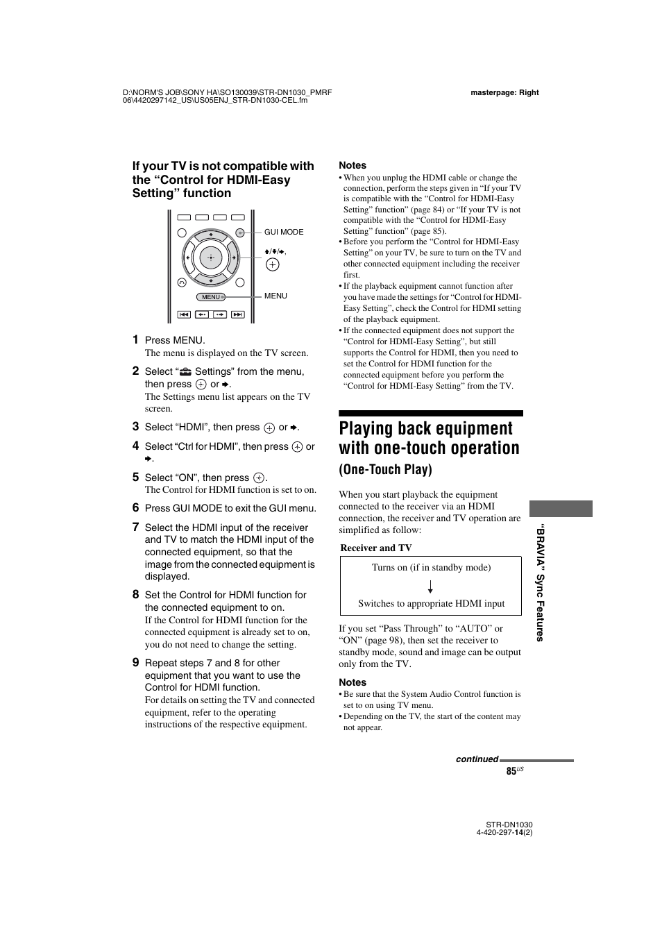 Playing back equipment with one-touch, Operation (one-touch play), Playing back equipment with one-touch operation | One-touch play) | Sony STR-DN1030 User Manual | Page 85 / 132