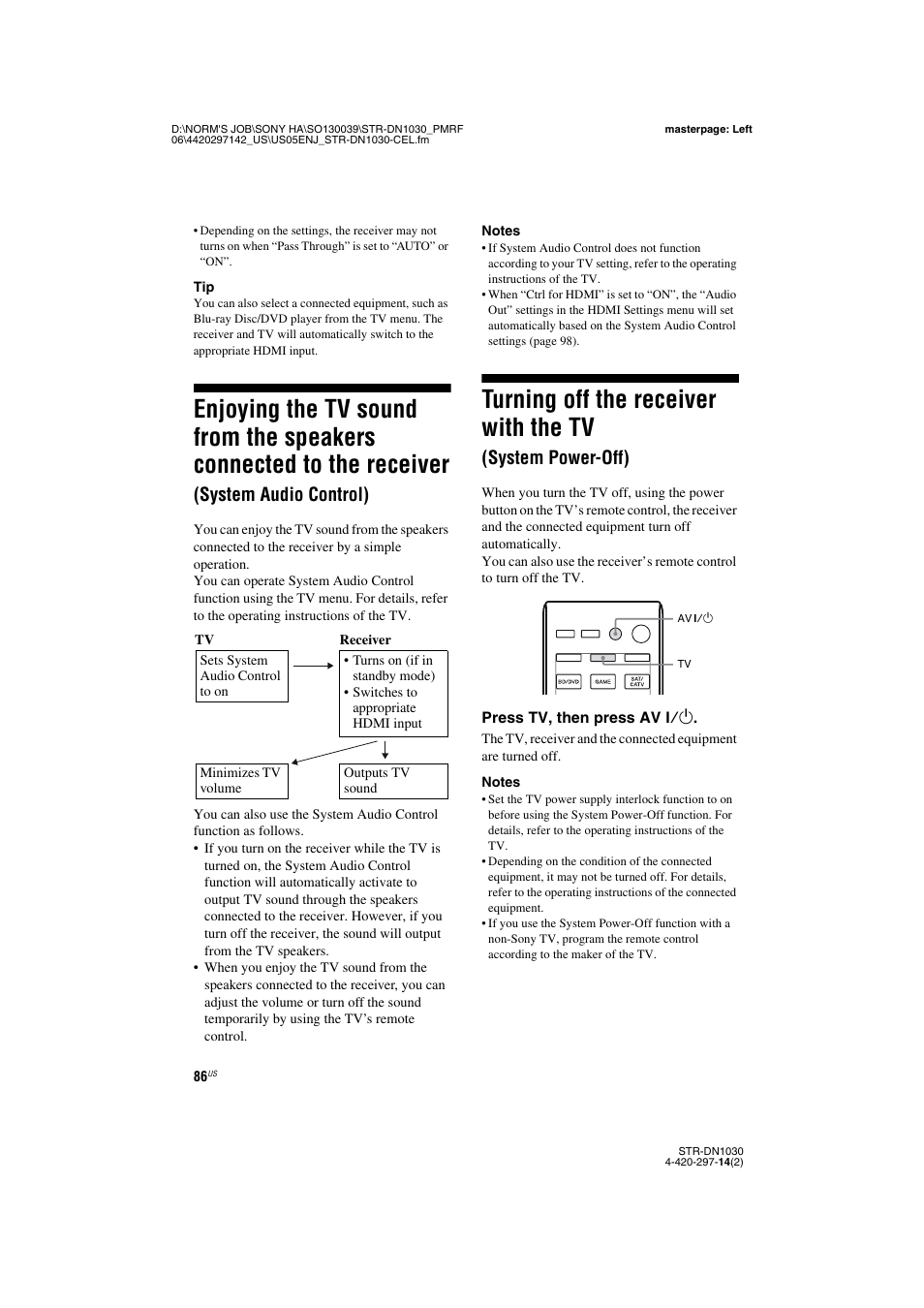 Enjoying the tv sound from the speakers, Connected to the receiver, System audio control) | Turning off the receiver with the tv, System power-off) | Sony STR-DN1030 User Manual | Page 86 / 132