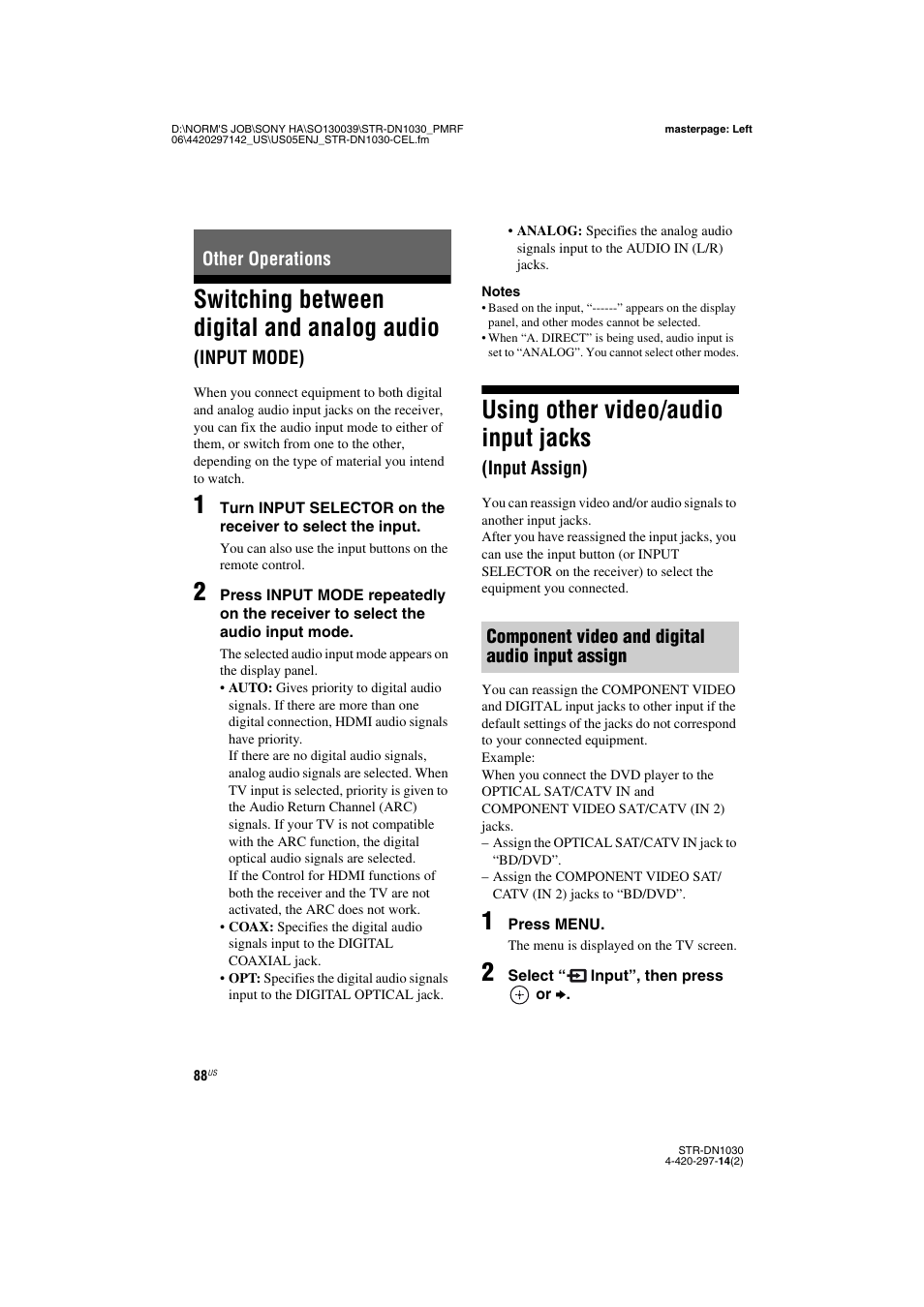 Other operations, Using other video/audio input jacks (input assign), Switching between digital and analog audio | Input mode), Using other video/audio input jacks, Input assign) | Sony STR-DN1030 User Manual | Page 88 / 132