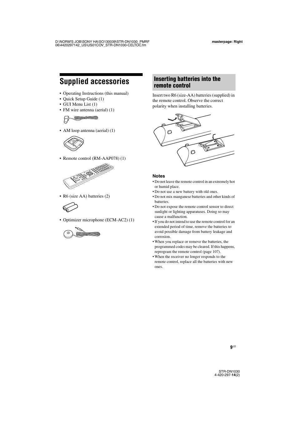 Supplied accessories, Inserting batteries into the remote control | Sony STR-DN1030 User Manual | Page 9 / 132
