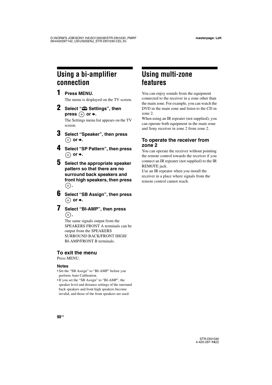 Using a bi-amplifier connection, Using multi-zone features, Using a bi-amplifier connection 1 | Sony STR-DN1030 User Manual | Page 90 / 132